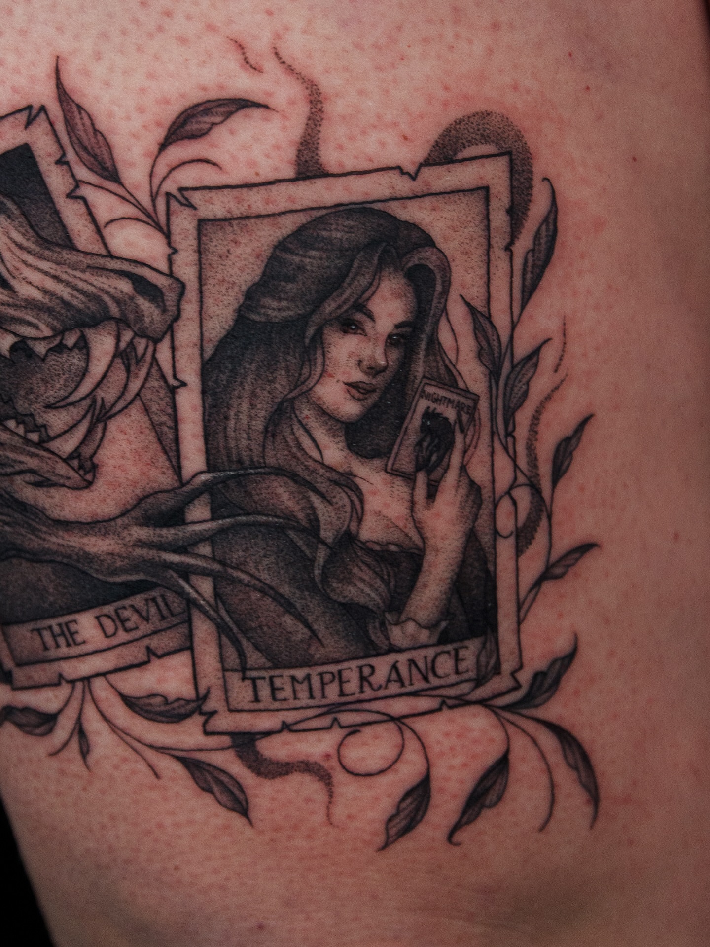 Temperance card black and grey tattoo by caliope yiannos