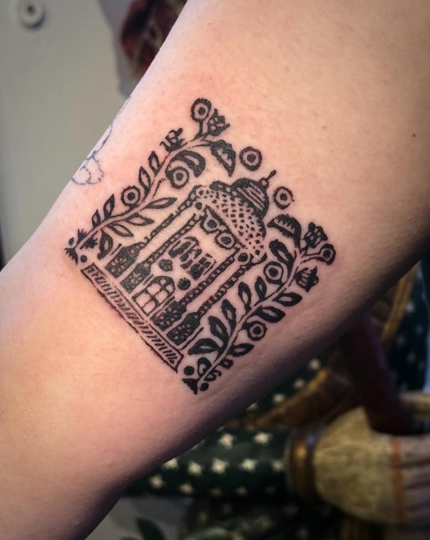 House and floral patterns black and grey tattoo on the forearm by Luna Enriquez⚡️, Portland, Oregon