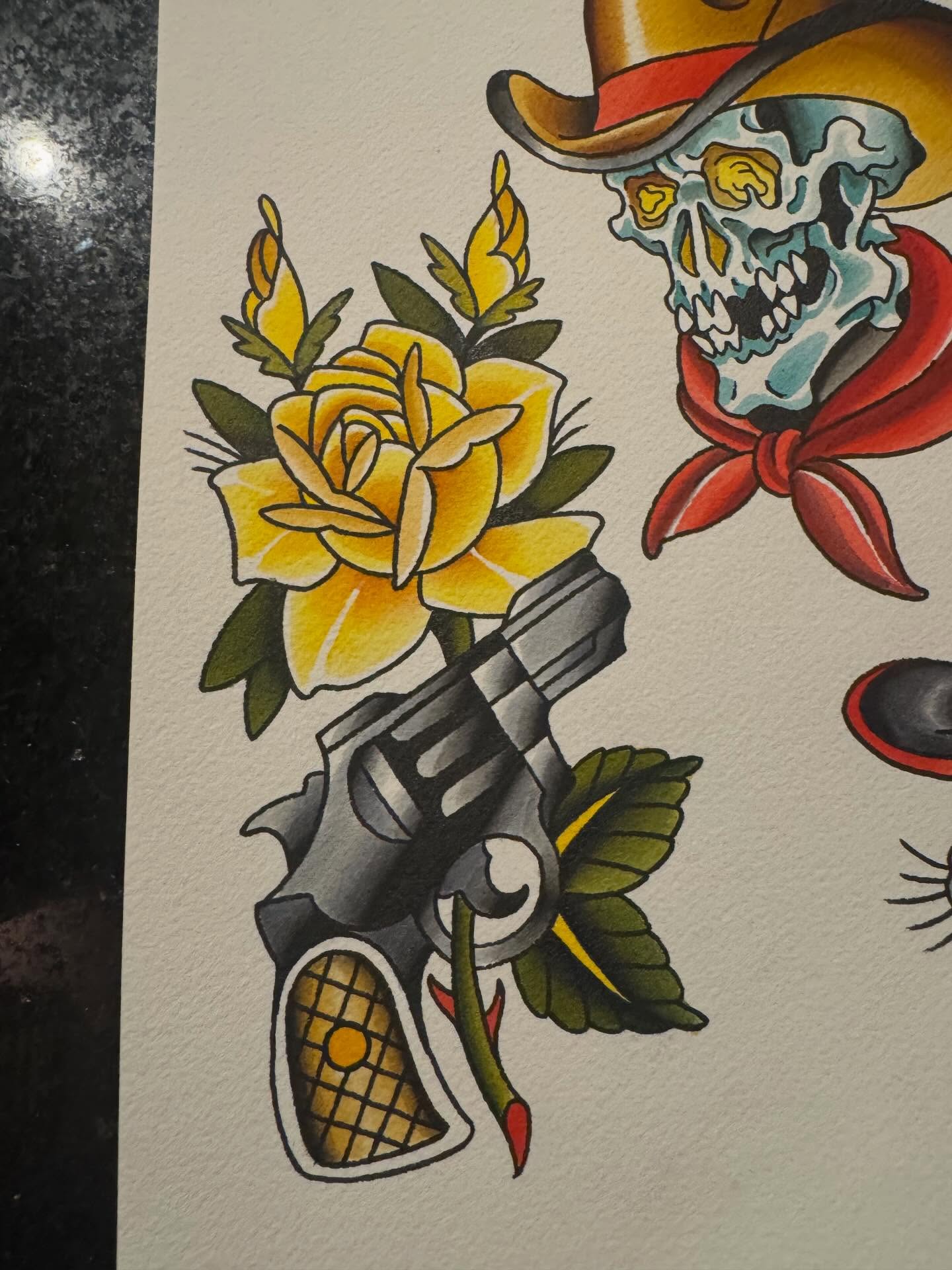 Yellow rose and revolver American traditional tattoo by Mike Bean, Minneapolis, Minnesota