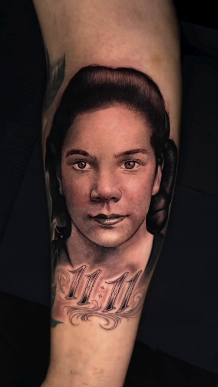 Portrait of a woman with numbers realism tattoo by Kaleb Trujillo