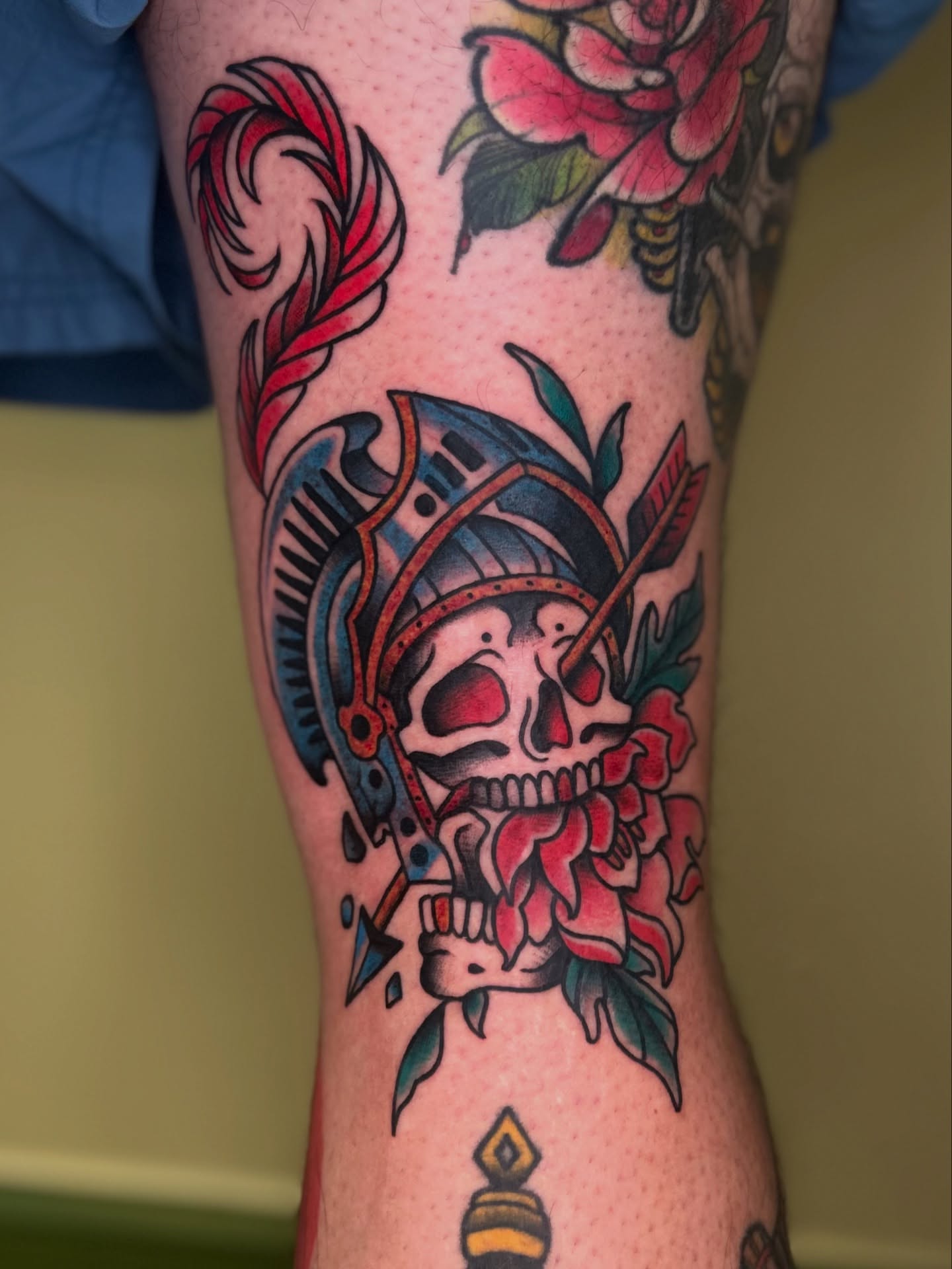Skull with helmet American traditional tattoo on the forearm by Cassy D, Miami, Florida