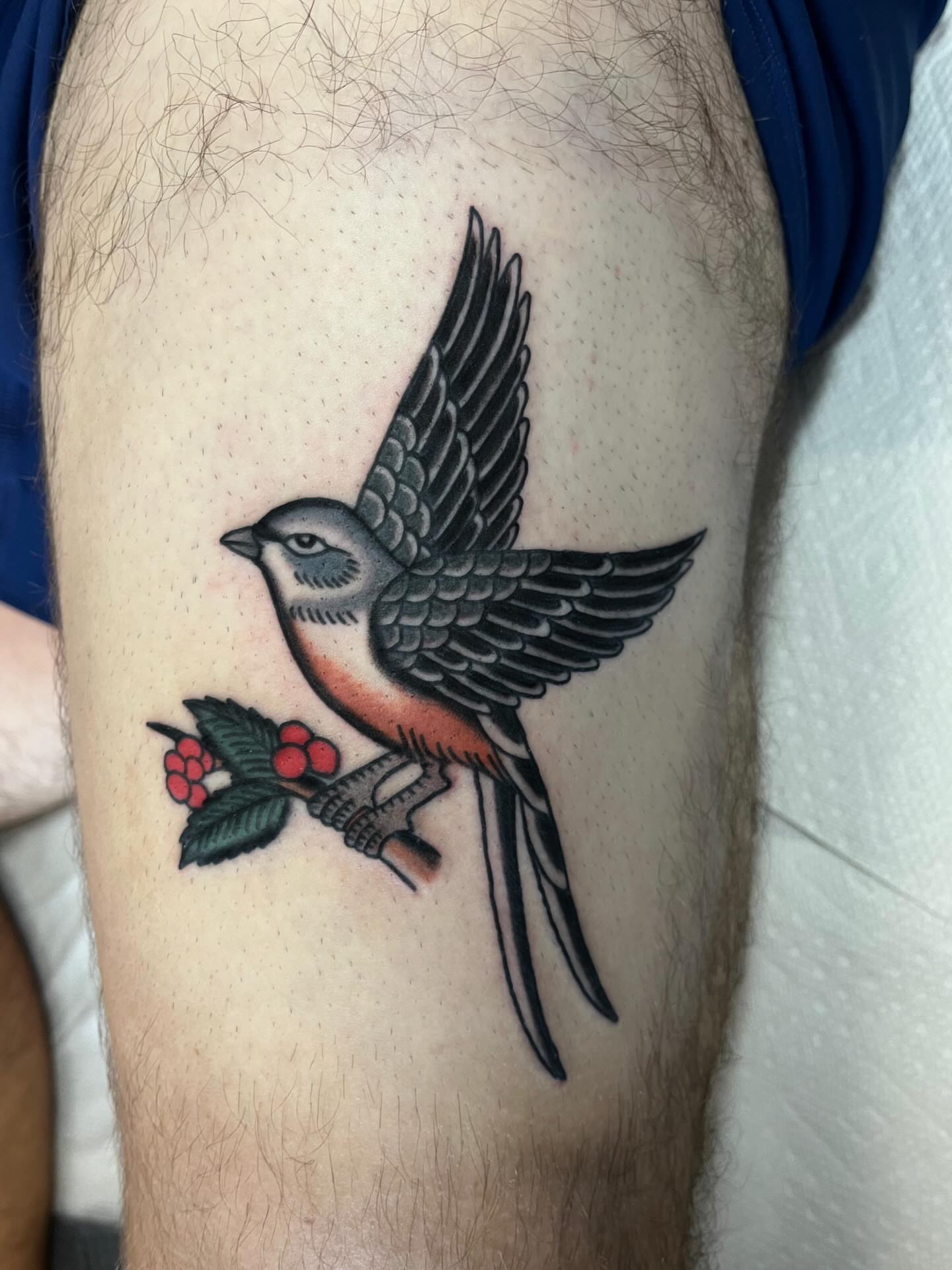 Bird with berries American traditional tattoo on the thigh by Elizabeth Summers ❨・¨⬮ Traditional Tattoo