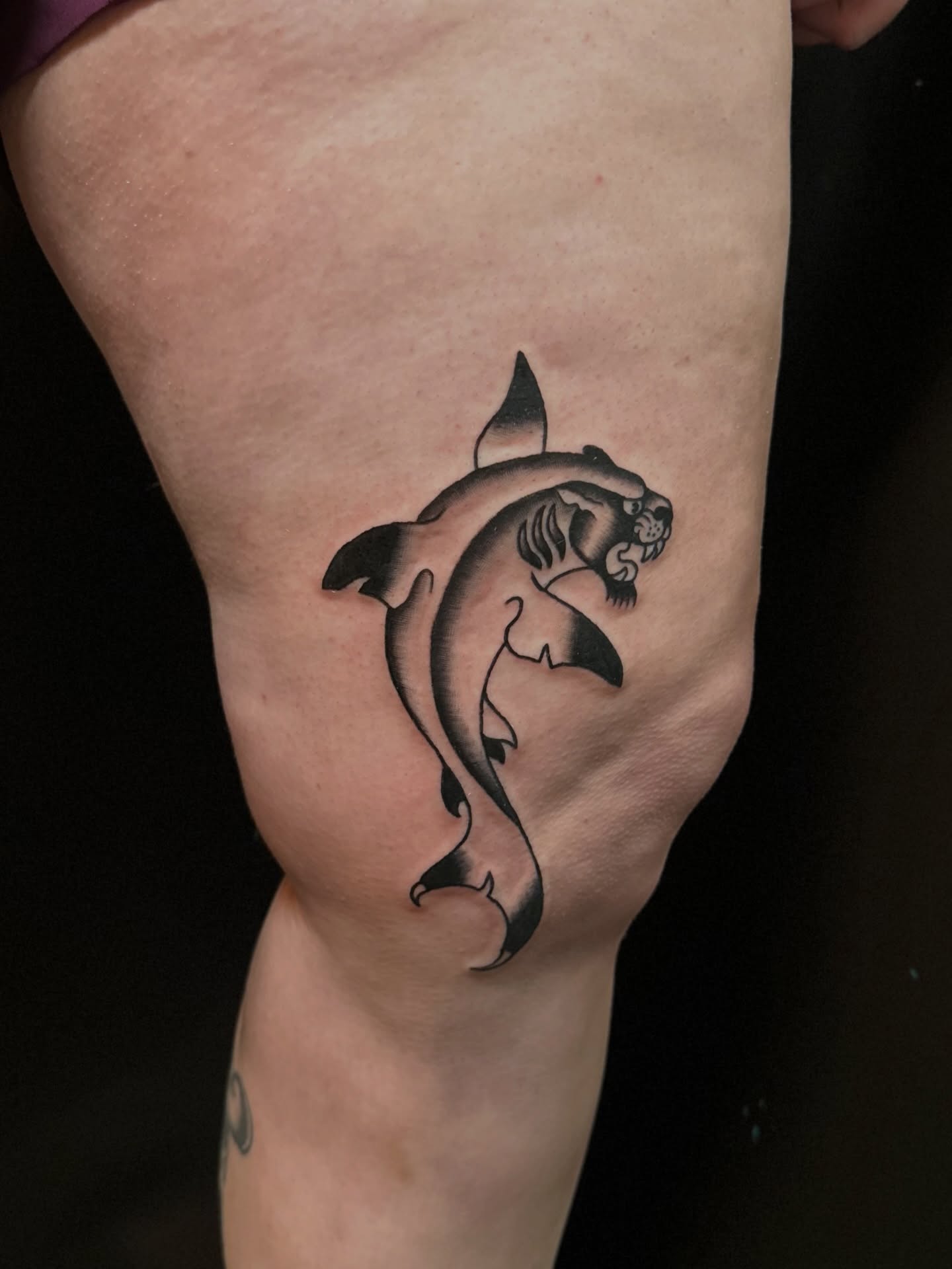 Shark black and grey tattoo on the thigh by Tyyler Santor (Tattoo Artist), Somerville, Massachusetts