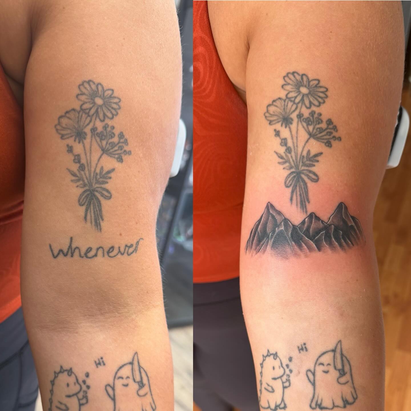 Flowers and mountains black and grey tattoo on the forearm by Matt Hattaway