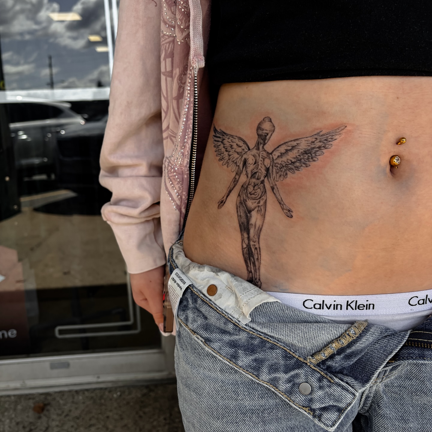 Angel black and grey tattoo on the torso by ⚜️Embodied Tattoo⚜️, Columbus, Ohio