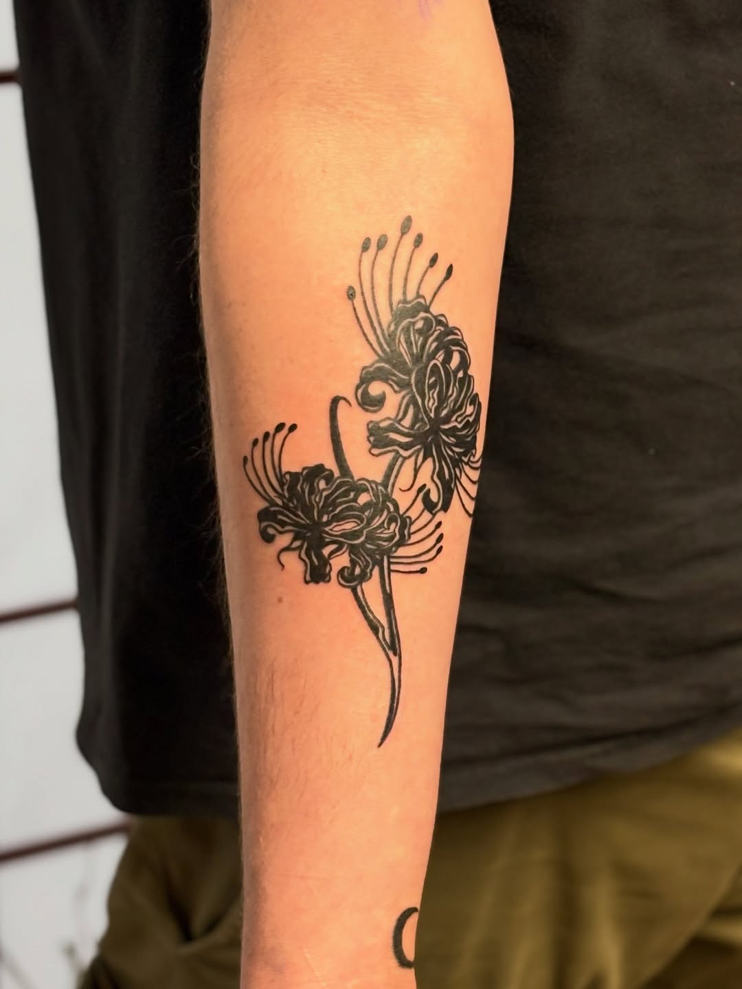 Spider lilies fine line tattoo on the forearm by CJ