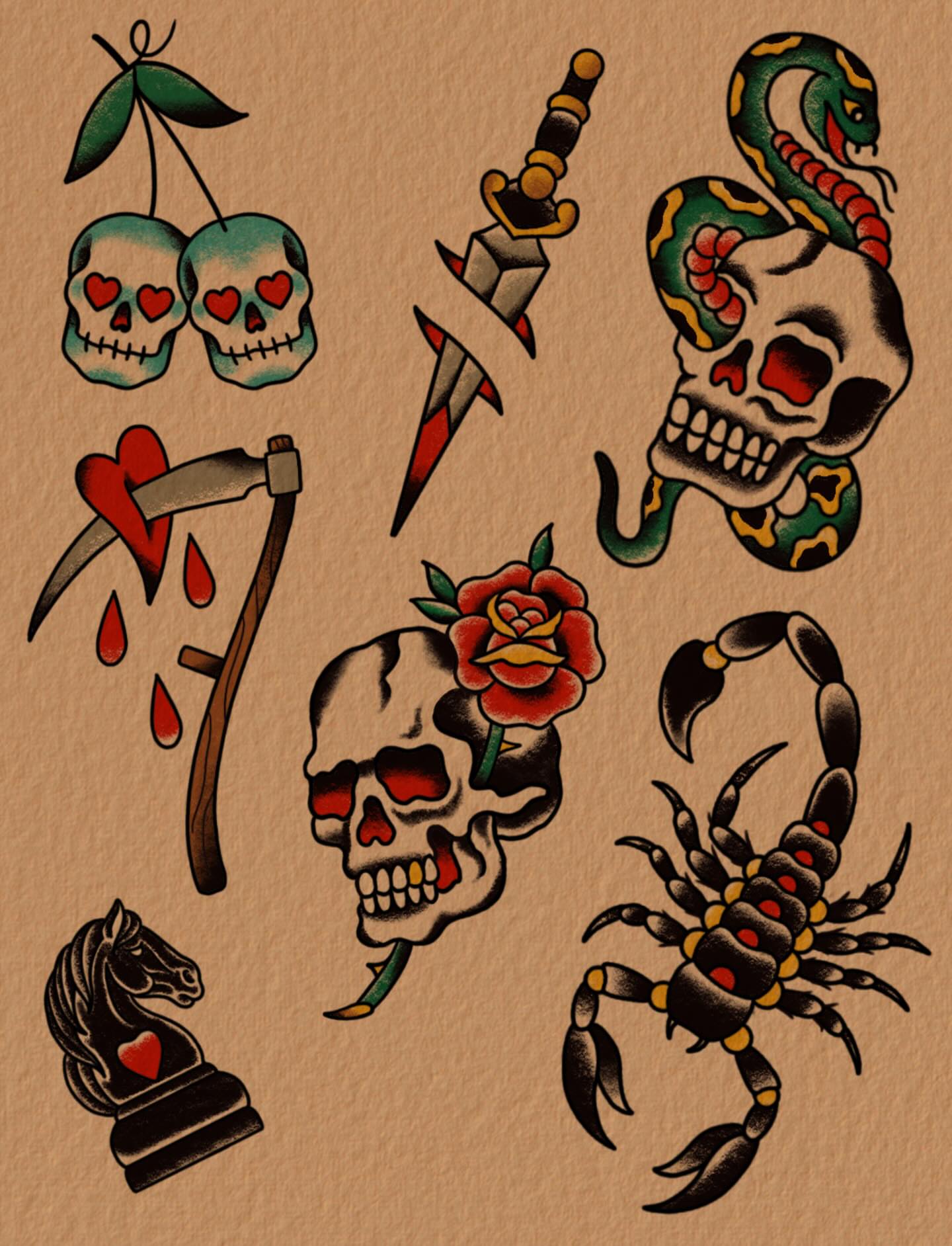 Skulls, roses, scorpion, snake American traditional tattoo by Kyle Mitchell, Cincinnati