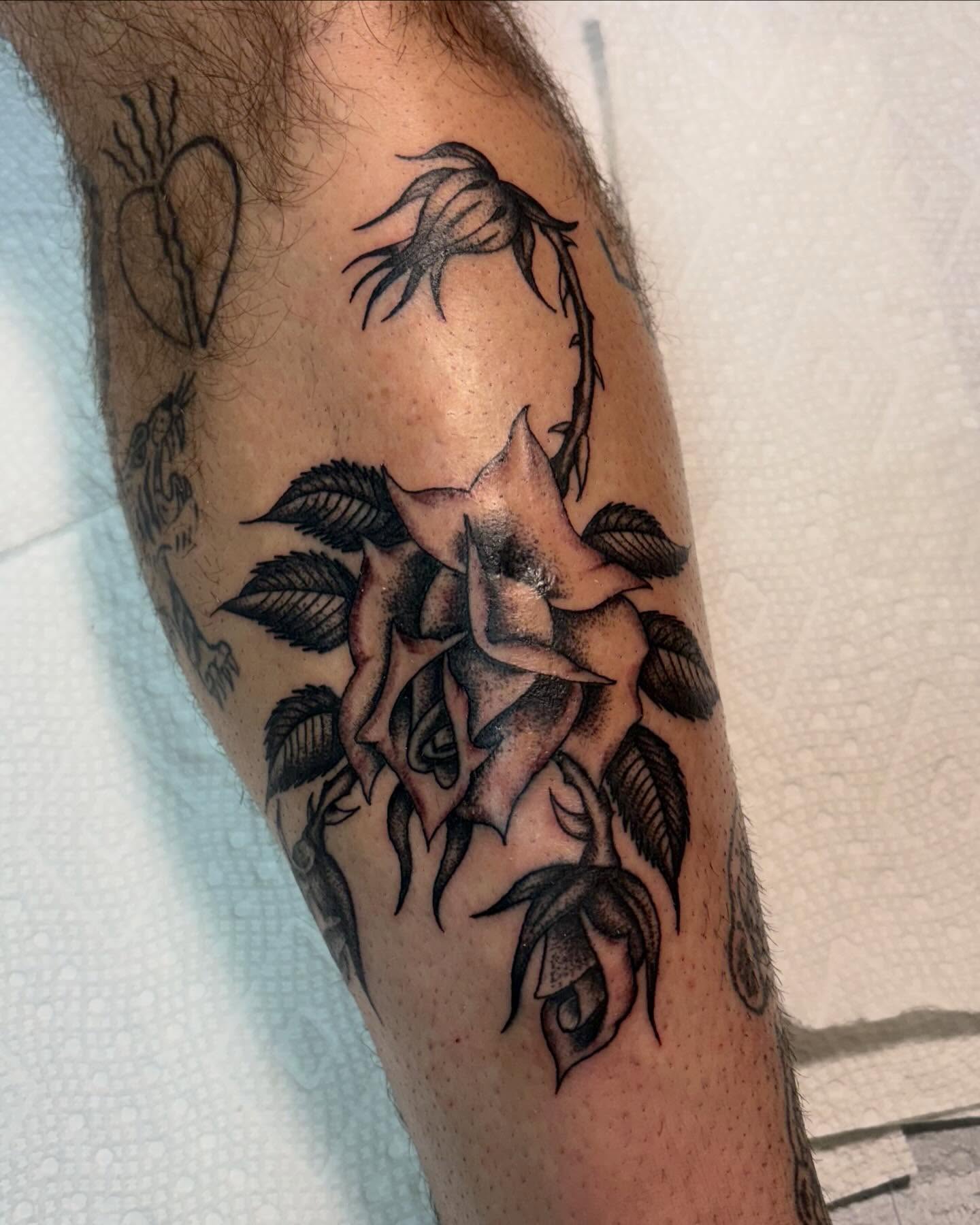 Rose black and grey tattoo on the forearm by Tia Cave