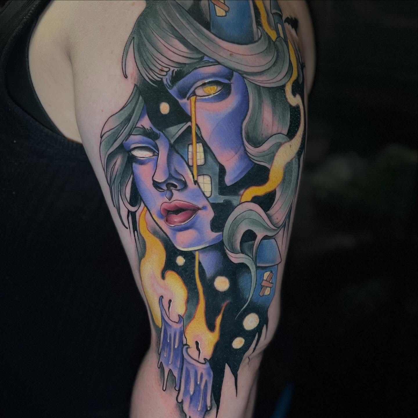 Abstract cityscape illustrative tattoo on the forearm by 🕯Heather🕯