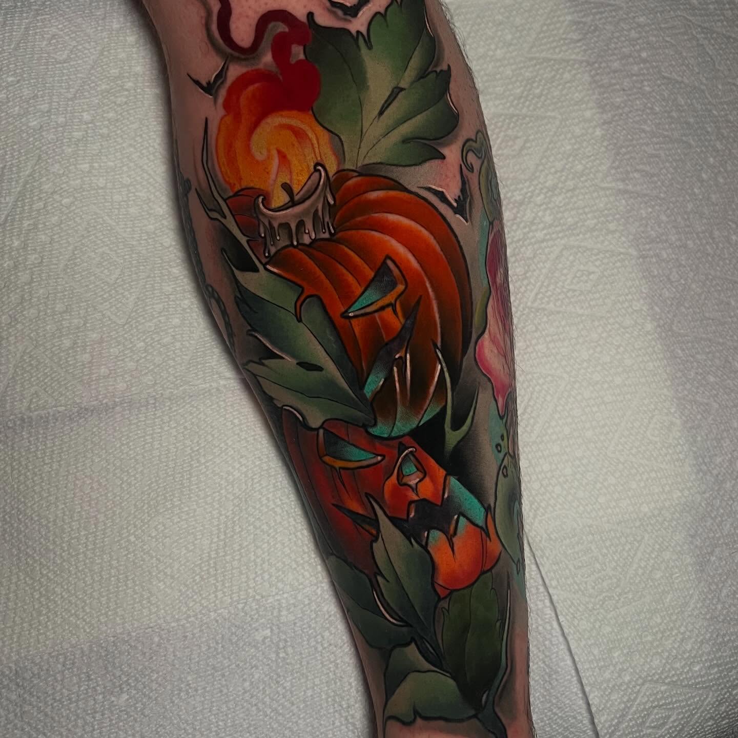 Pumpkin and leaves American traditional tattoo on the forearm by 🕯Heather🕯