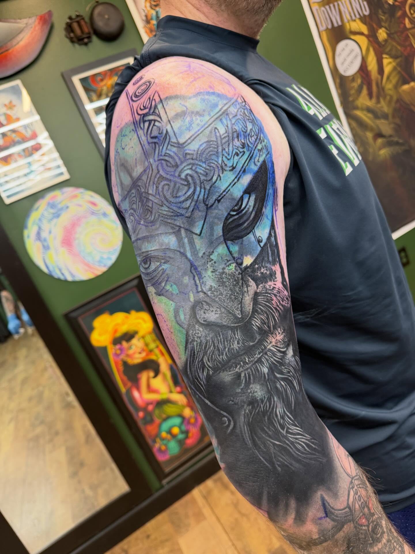 Lion realism tattoo on the upper arm by ✥ Daemon Downing ✥ Kansas Tattoo Artist ✥, Wichita, Kansas