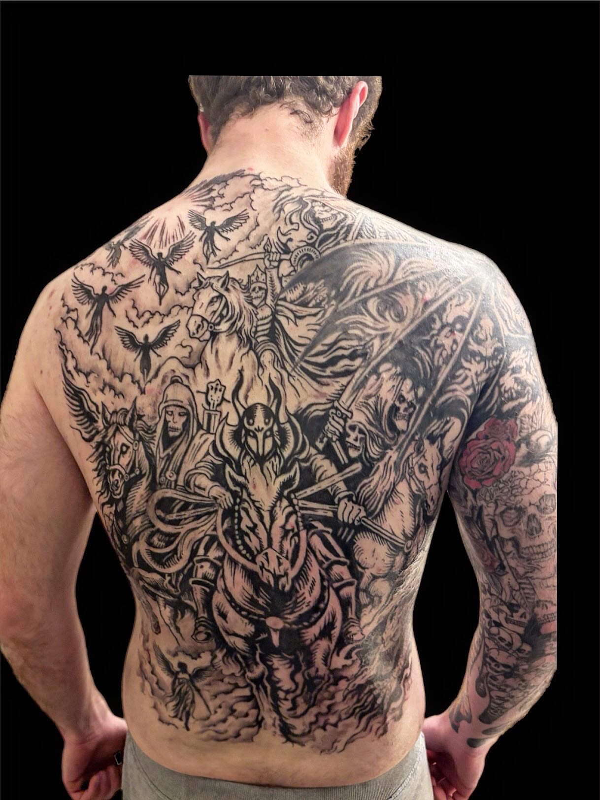 Apocalyptic scene dark realism tattoo on the back by Jihaad staley π¦, Charlotte, North Carolina