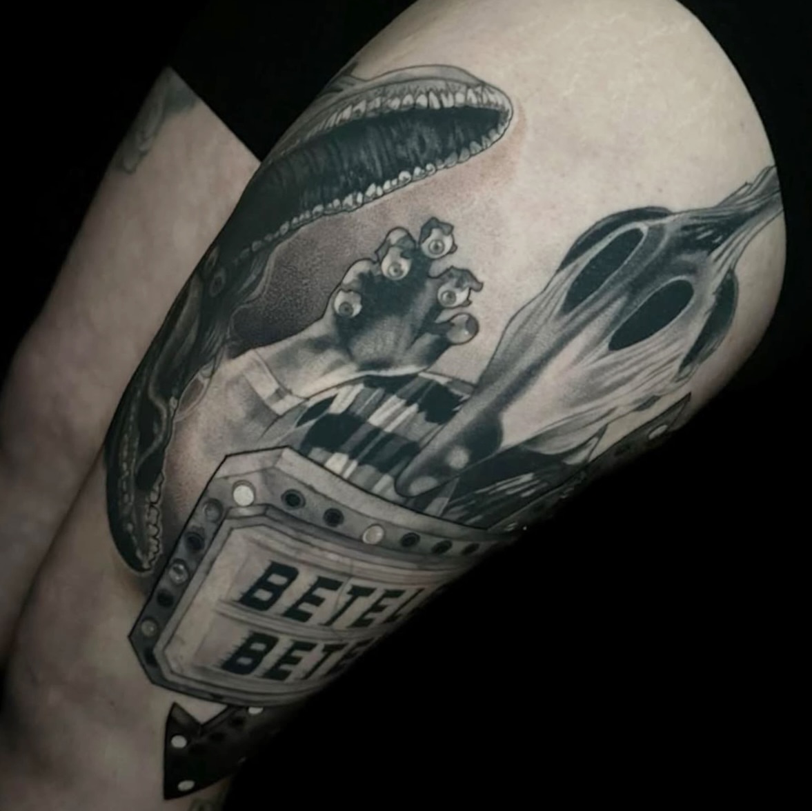 Alien hand dotwork tattoo on the forearm by Breah Beshore Kirk