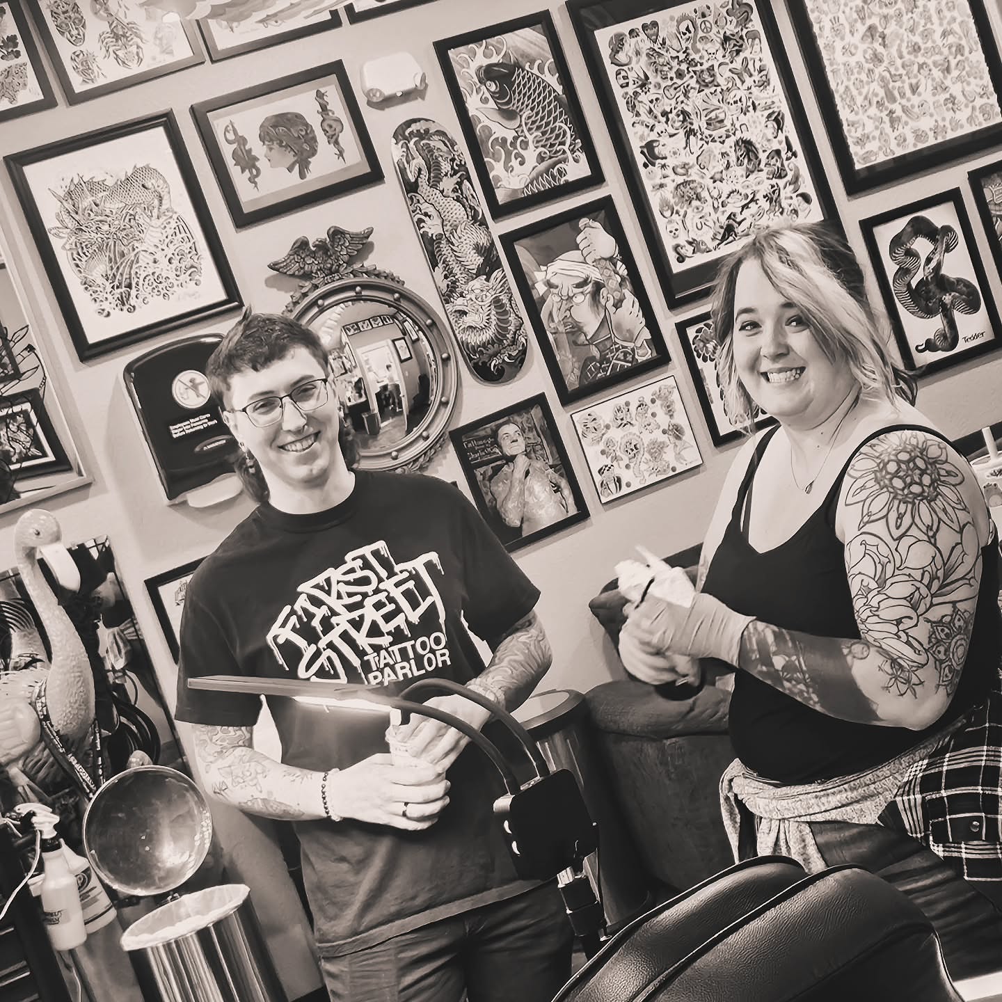 Tattoo artist and client American traditional tattoo by Kat Fishbein