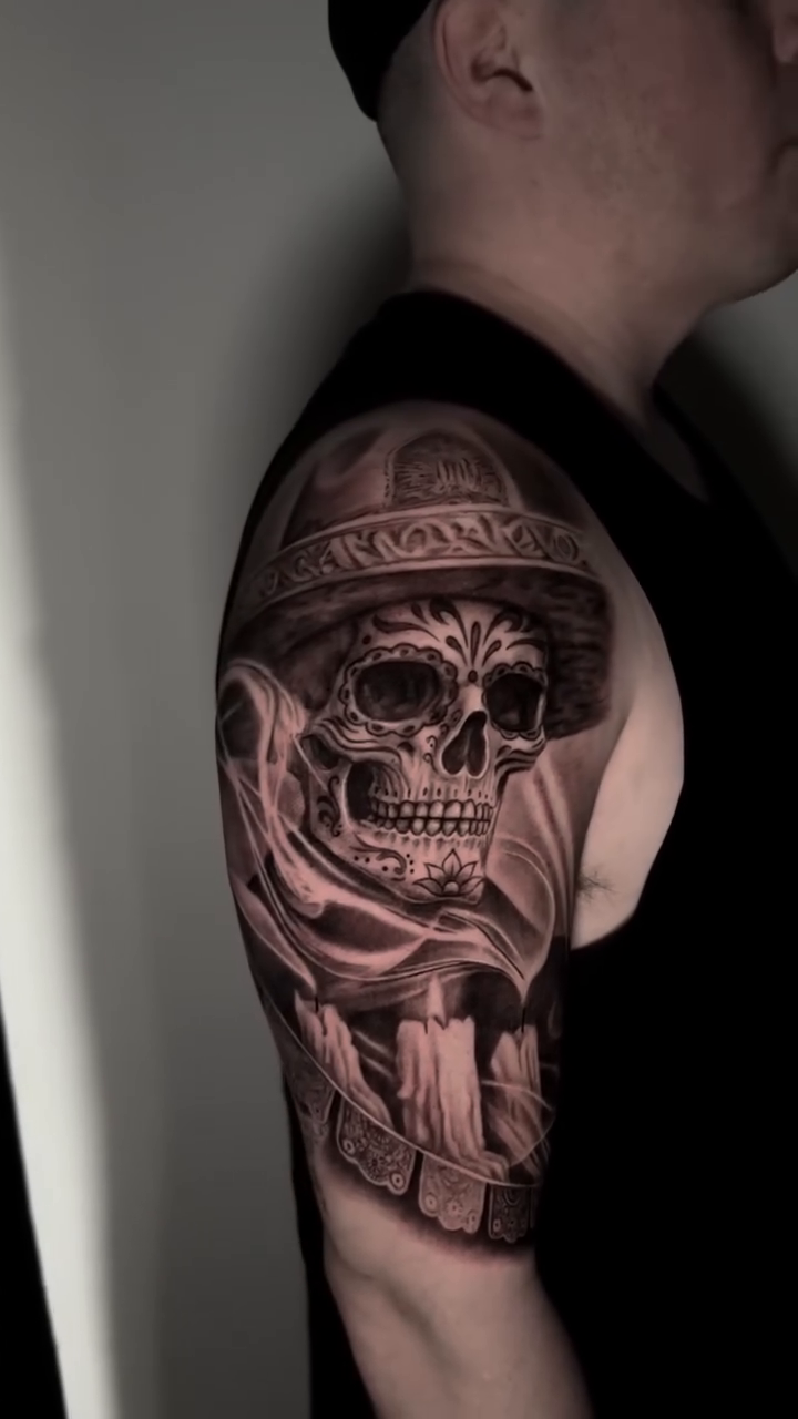 Skull with helmet and candles realism tattoo by Cipri Suciu