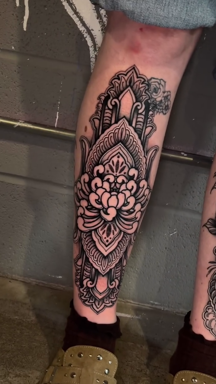 Mandala-like floral design geometric tattoo by Brandon Mola, Chicago, Illinois