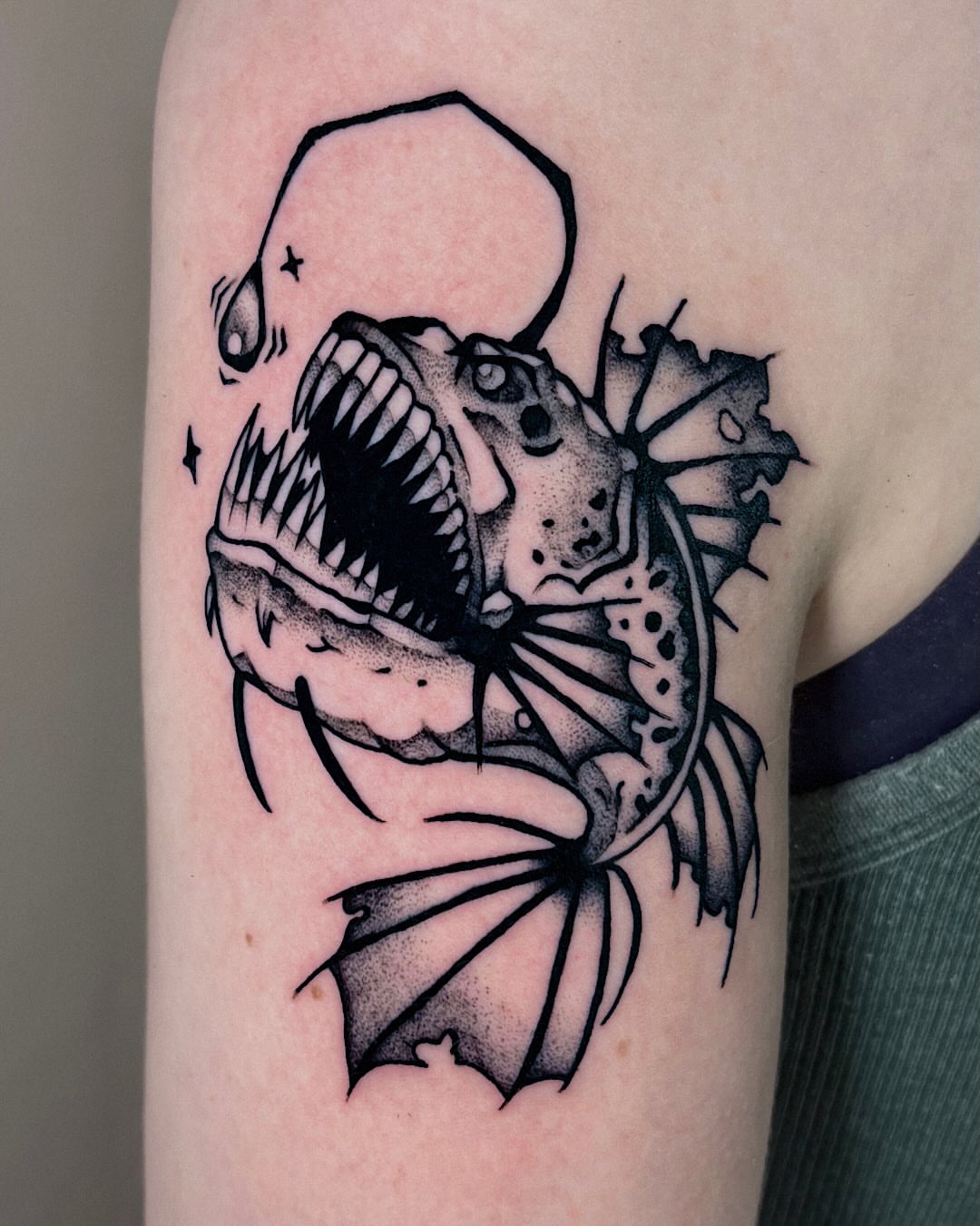 Angler fish dotwork tattoo on the forearm by Kal