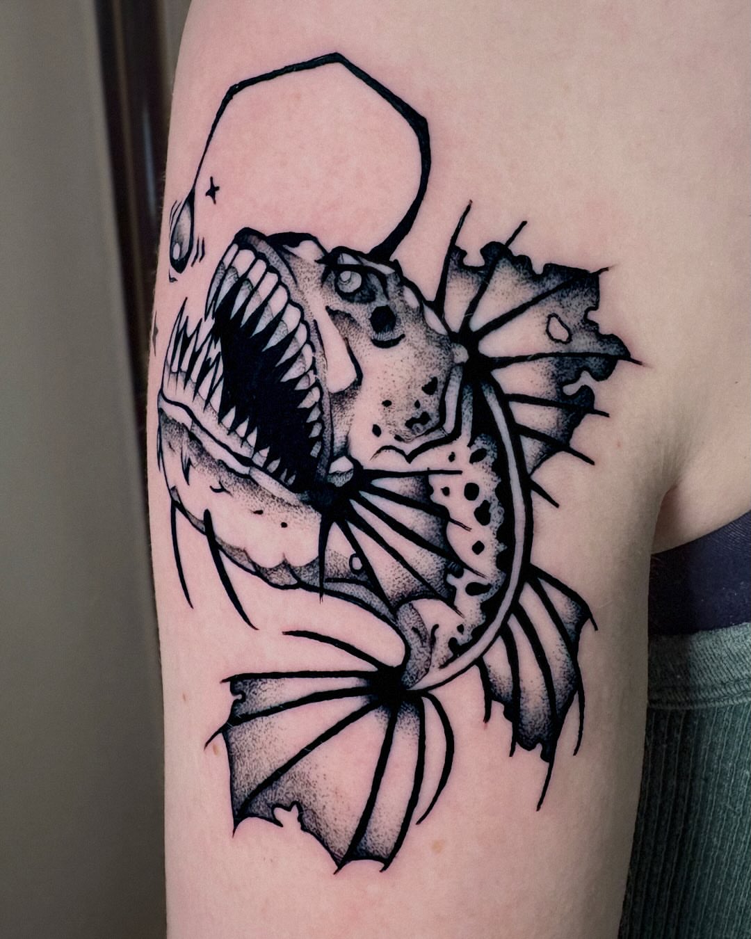 Angler fish dotwork tattoo on the forearm by Kal