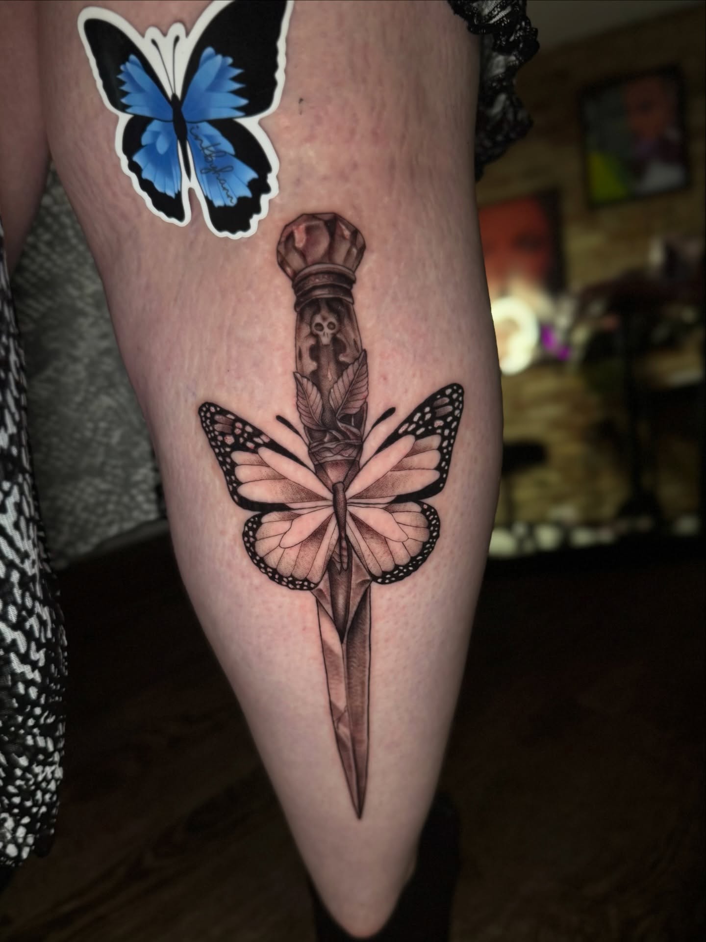 Butterfly and dagger realism tattoo on the thigh by Hannah Marie ๐ฆ, Benbrook, Texas