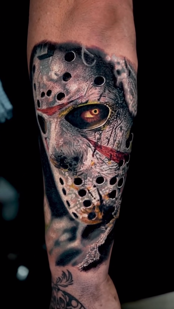 Jason Voorhees mask realism tattoo by B R A D C H A R L e S
