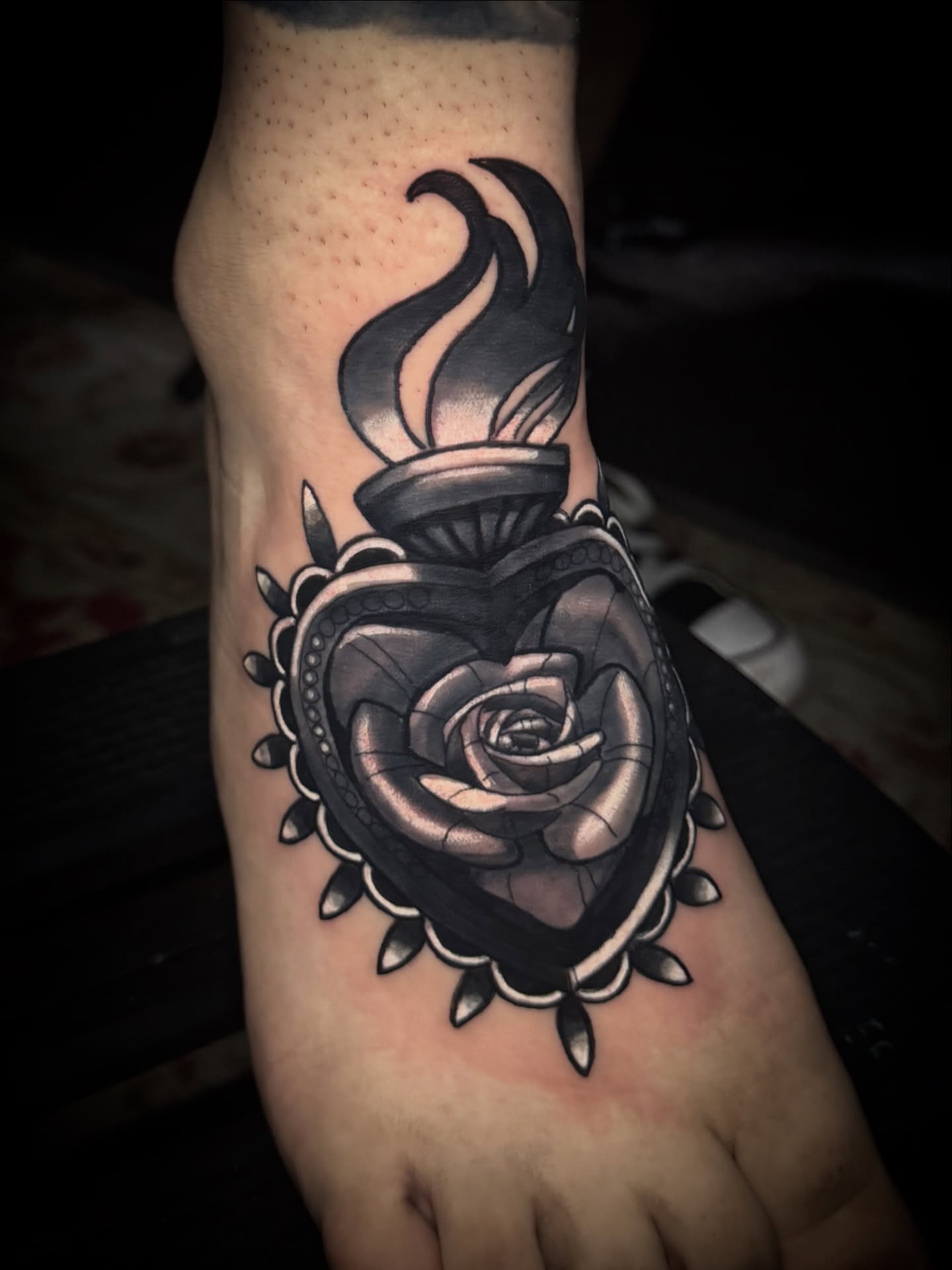 Rose and lantern realism tattoo on the foot by Lindsey Lane, Dallas, Texas