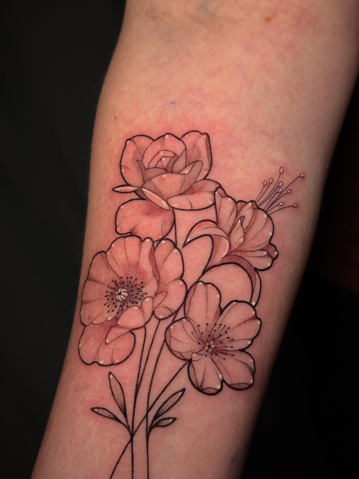 Flowers fine line tattoo on the forearm by Andreanna Rosemarie Gabranidis, Pennsauken, New Jersey