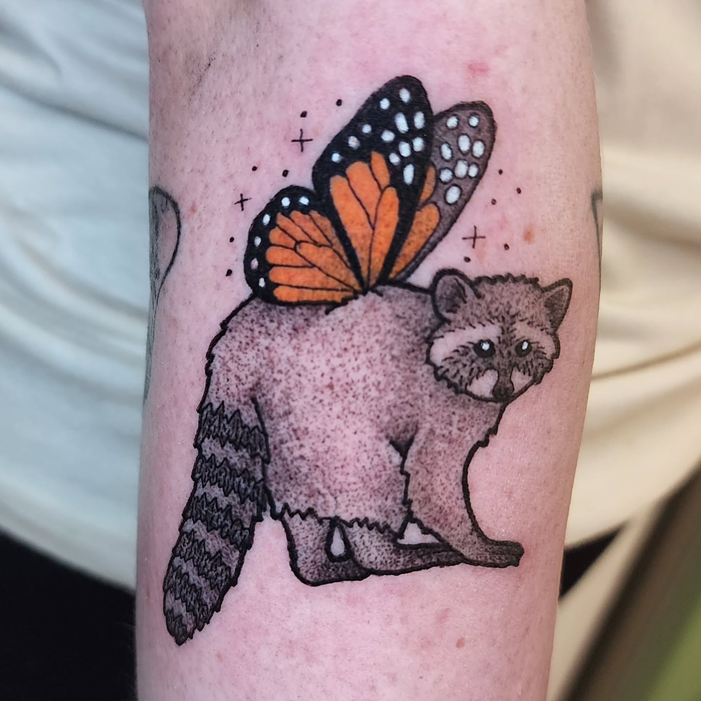 Raccoon with butterfly dotwork tattoo on the forearm by Lindsey Andrew, Englewood, Colorado