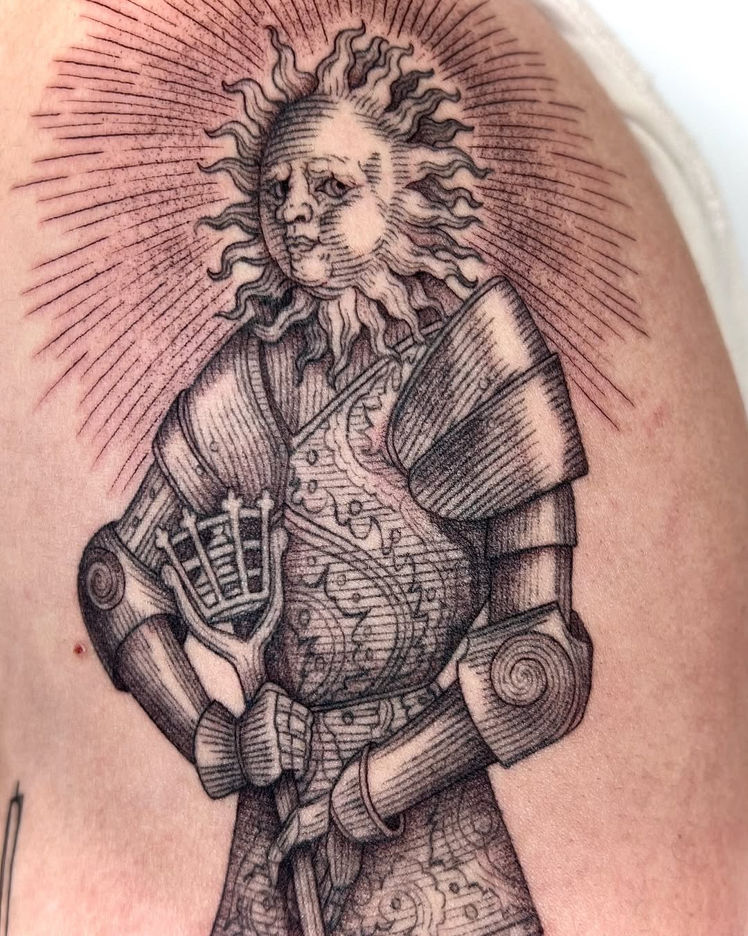 Sun-headed knight in armor sketch tattoo on the shoulder by Jorge Nox