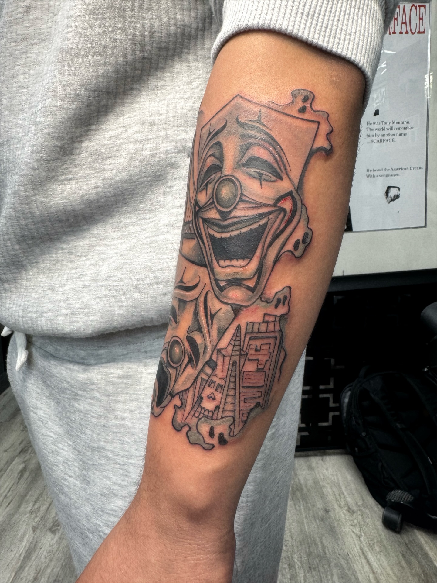 Robotic clown dark realism tattoo on the forearm by 🕸️EC🥷🏼🌁🇲🇽🕸️