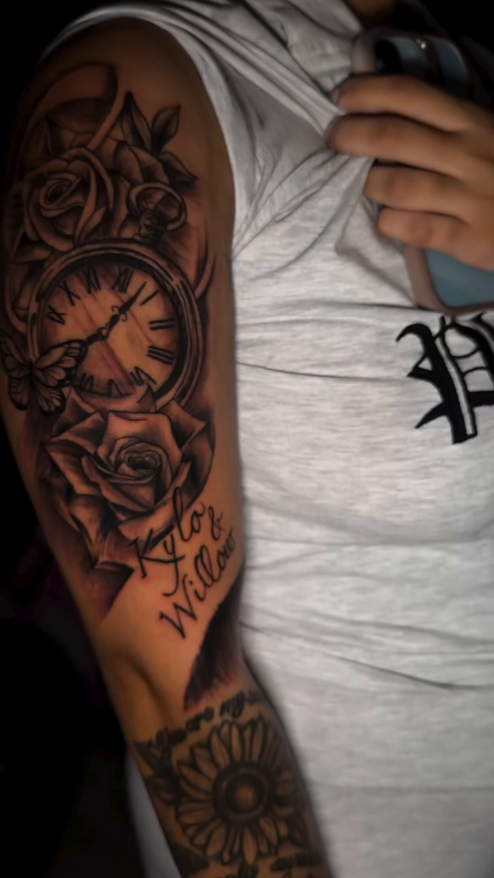 Clock and roses realism tattoo by Dope