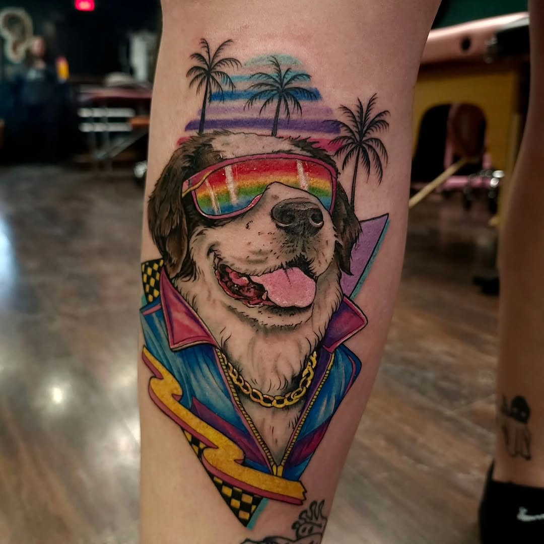 Dog wearing sunglasses and jacket realism tattoo on the forearm by Chris Wodarski