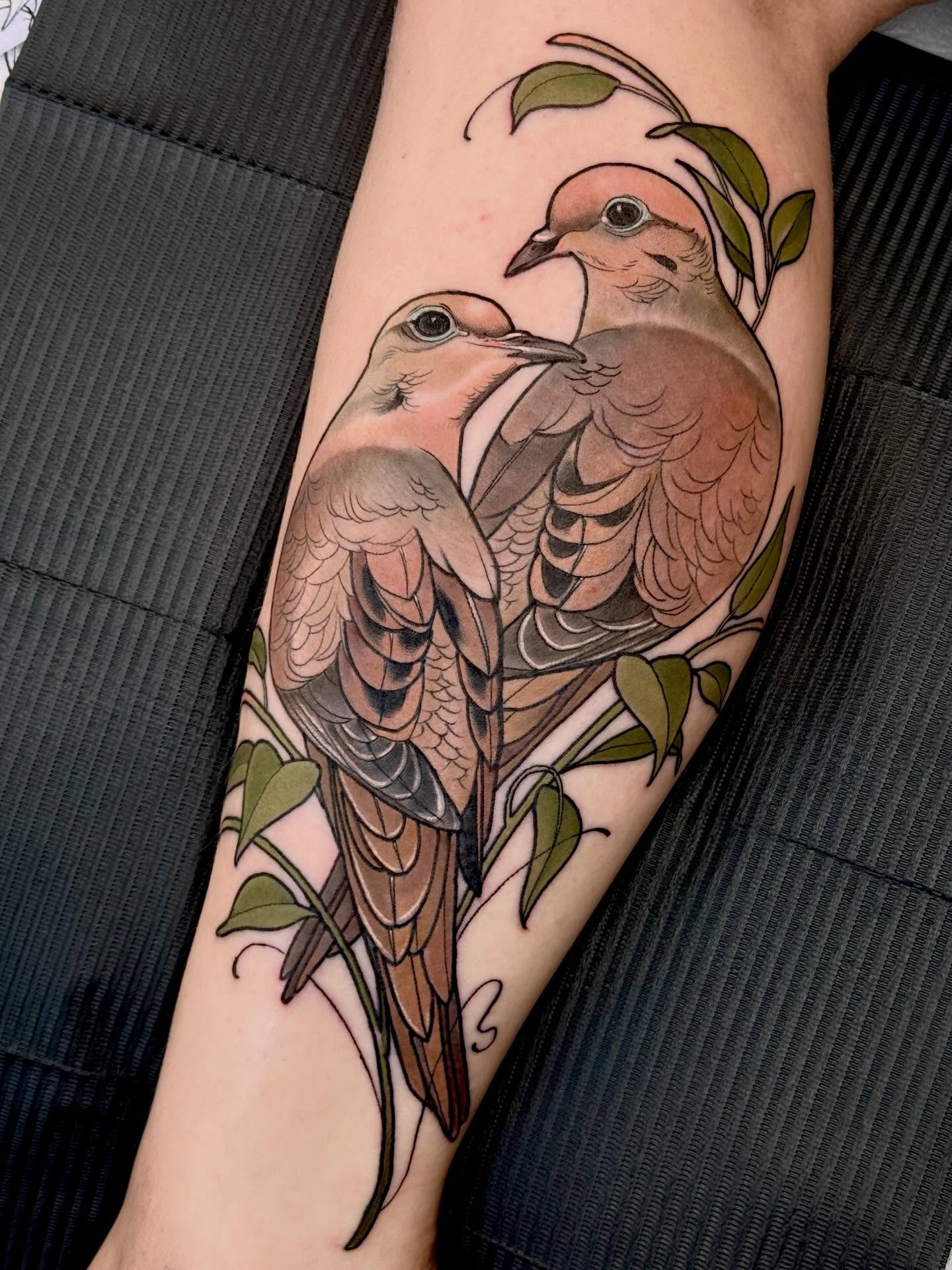 Birds realism tattoo on the forearm by Rachael Shelly