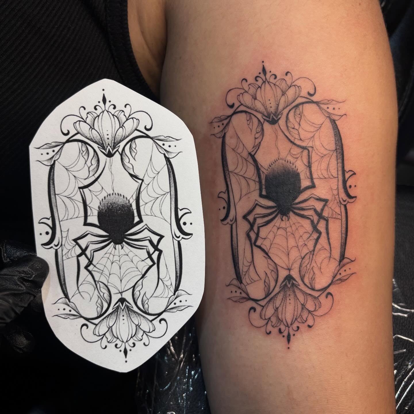 Spider and floral geometric tattoo on the forearm by ꩜ 𖦹