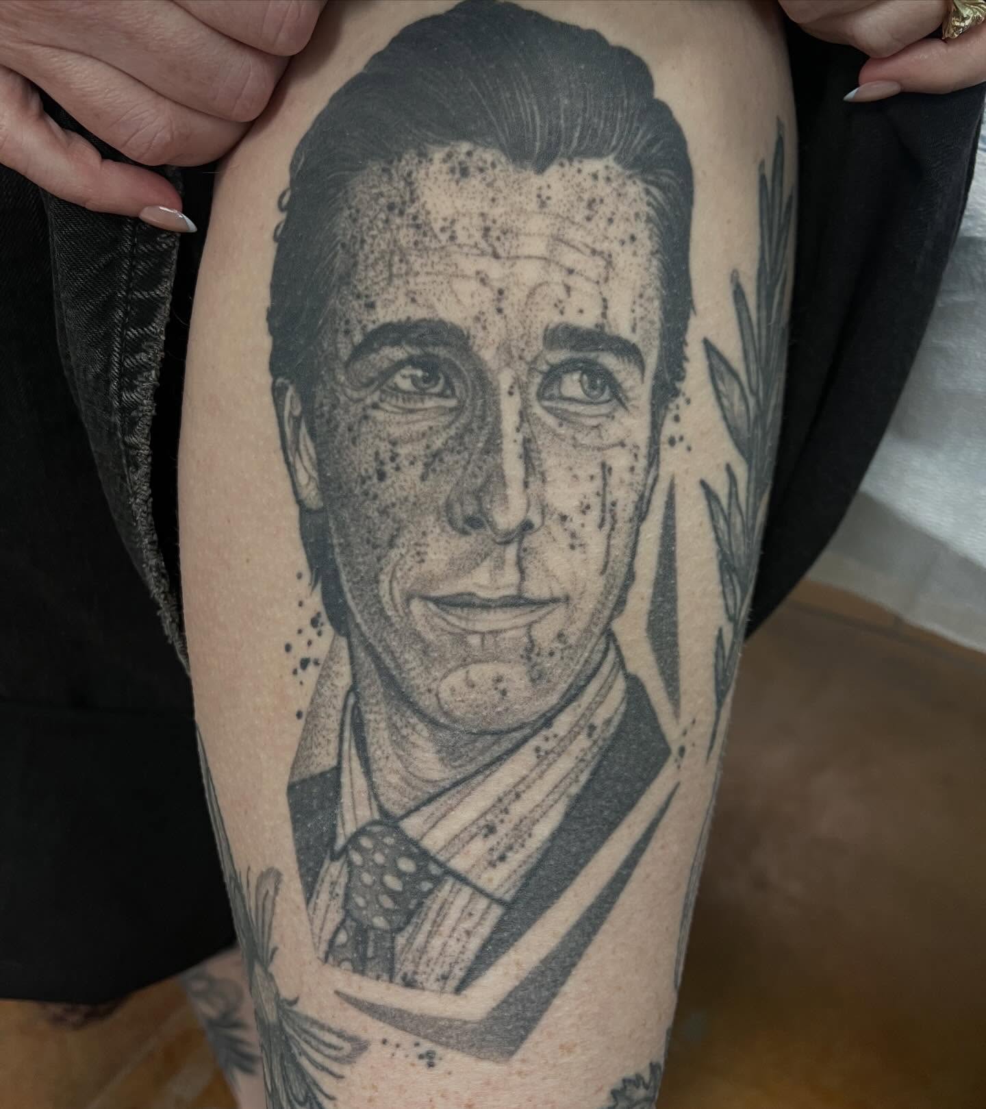 Portrait dotwork tattoo on the thigh by Austin Tattoo Artist