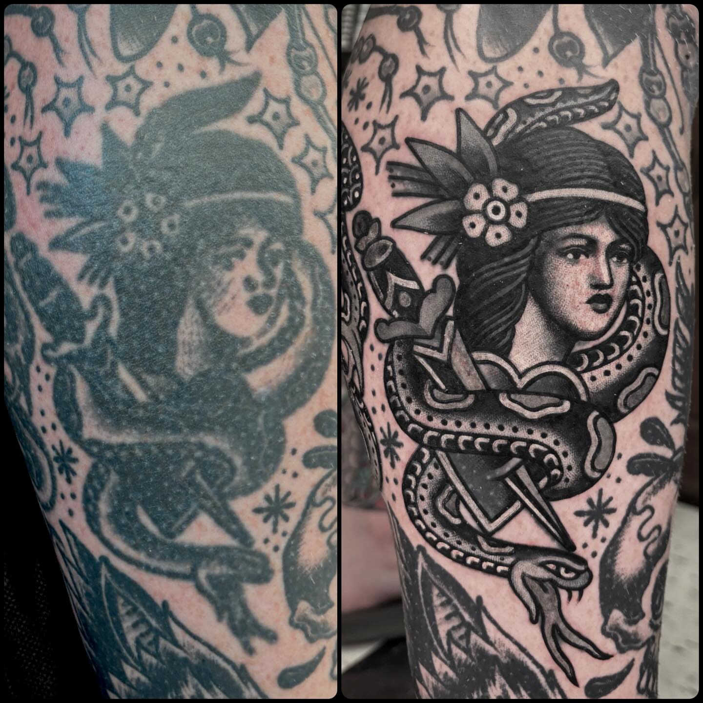 Woman with snake American traditional tattoo on the forearm by ๐ป๐๐๐ ๐ณ๐๐๐๐๐๐ ๐๐๐