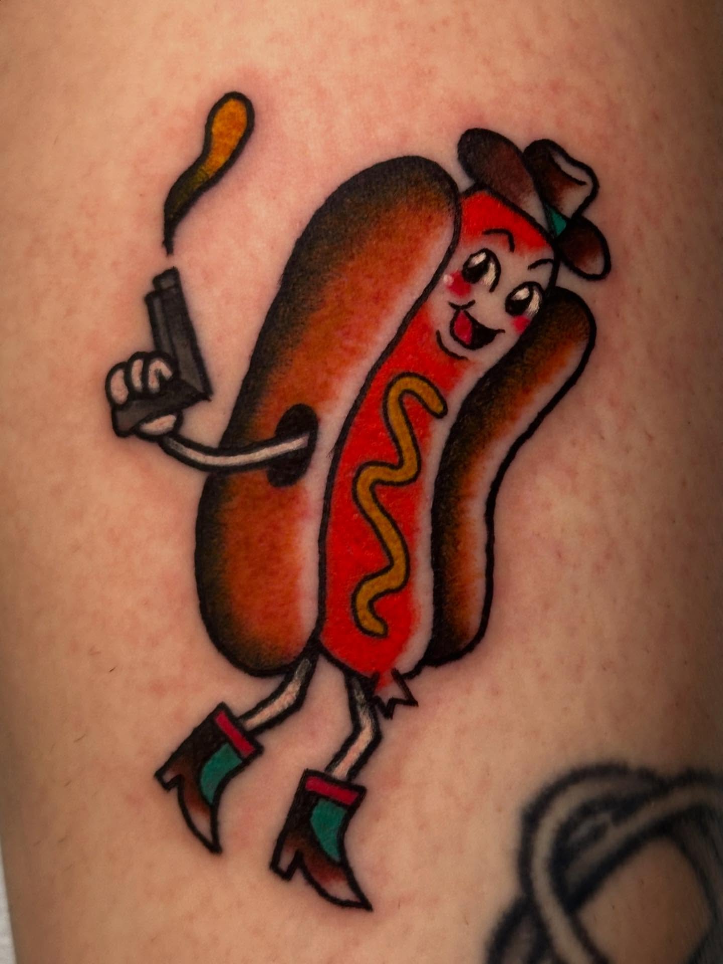 Hot dog character American traditional tattoo on the thigh by ࿊ Emma Sloan Tattoos ࿊, Austin, Texas