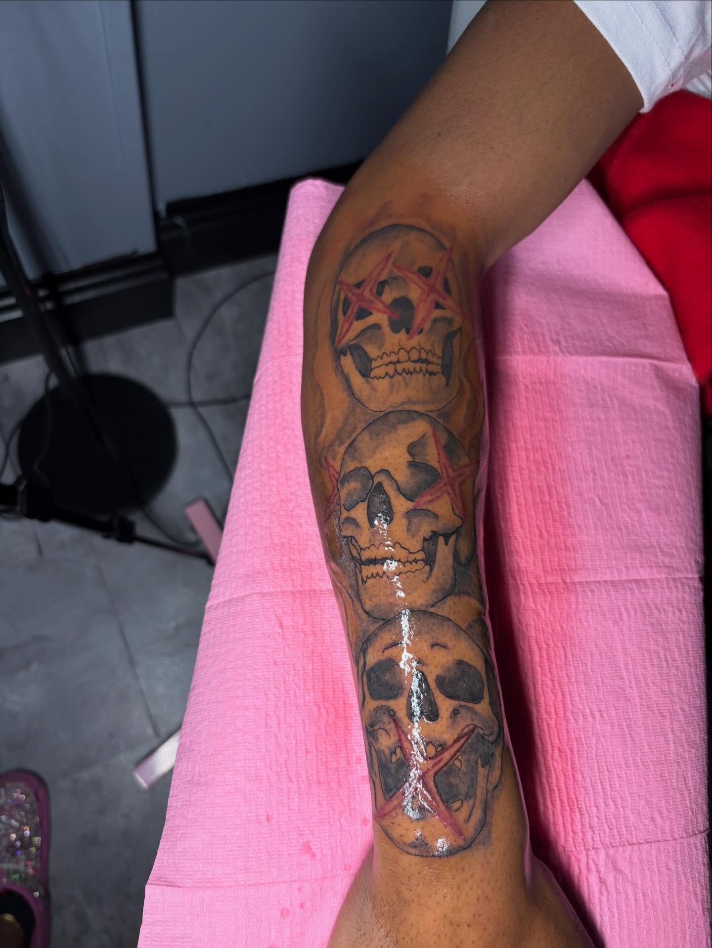 Skulls with pentagrams neo-traditional tattoo on the forearm by addicted222inkk🎨