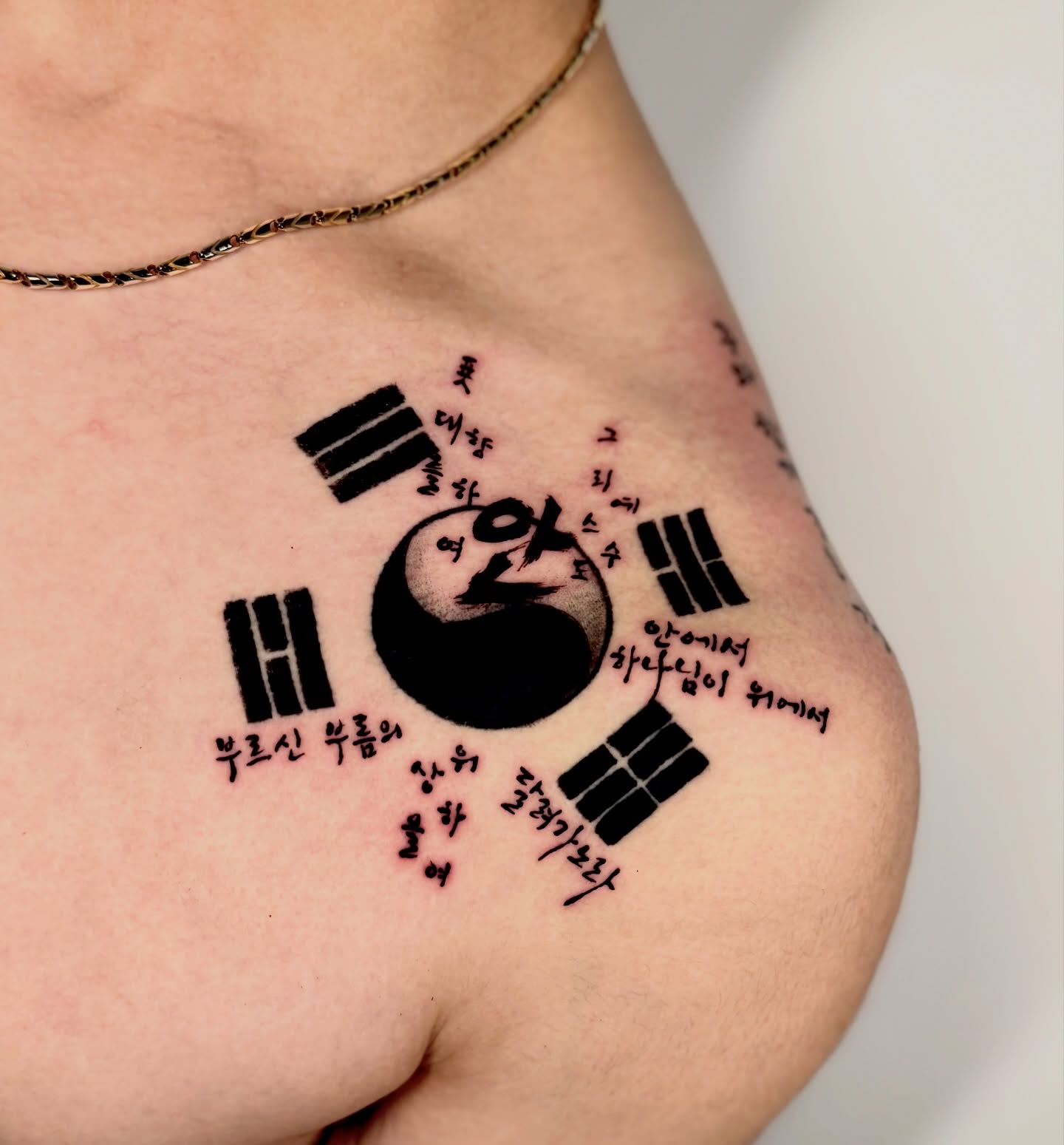 Yin-yang and Korean text black and grey tattoo on the thigh by Orca