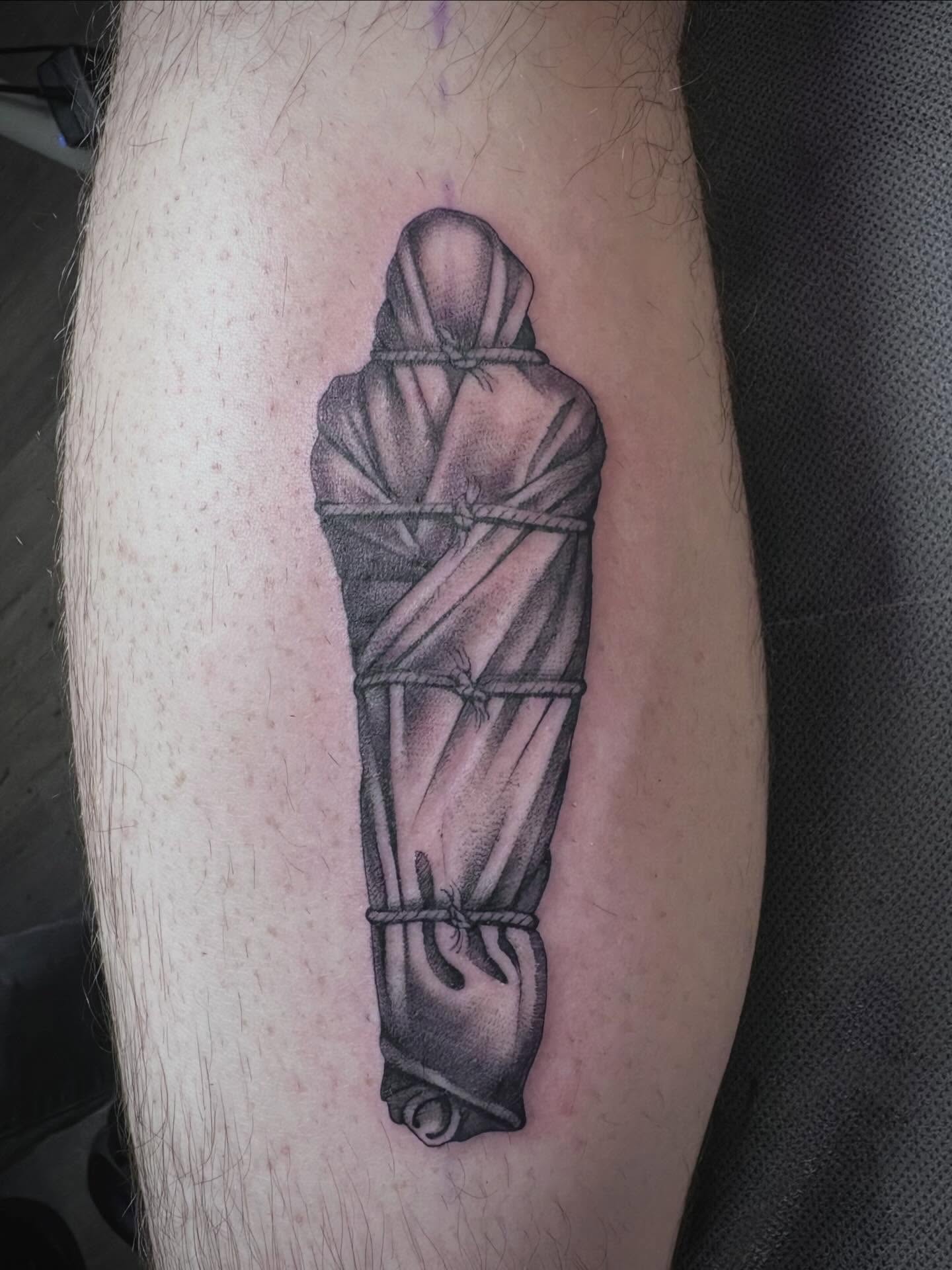 Mummy black and grey tattoo on the forearm by Tad Fulkerson, San Francisco, California
