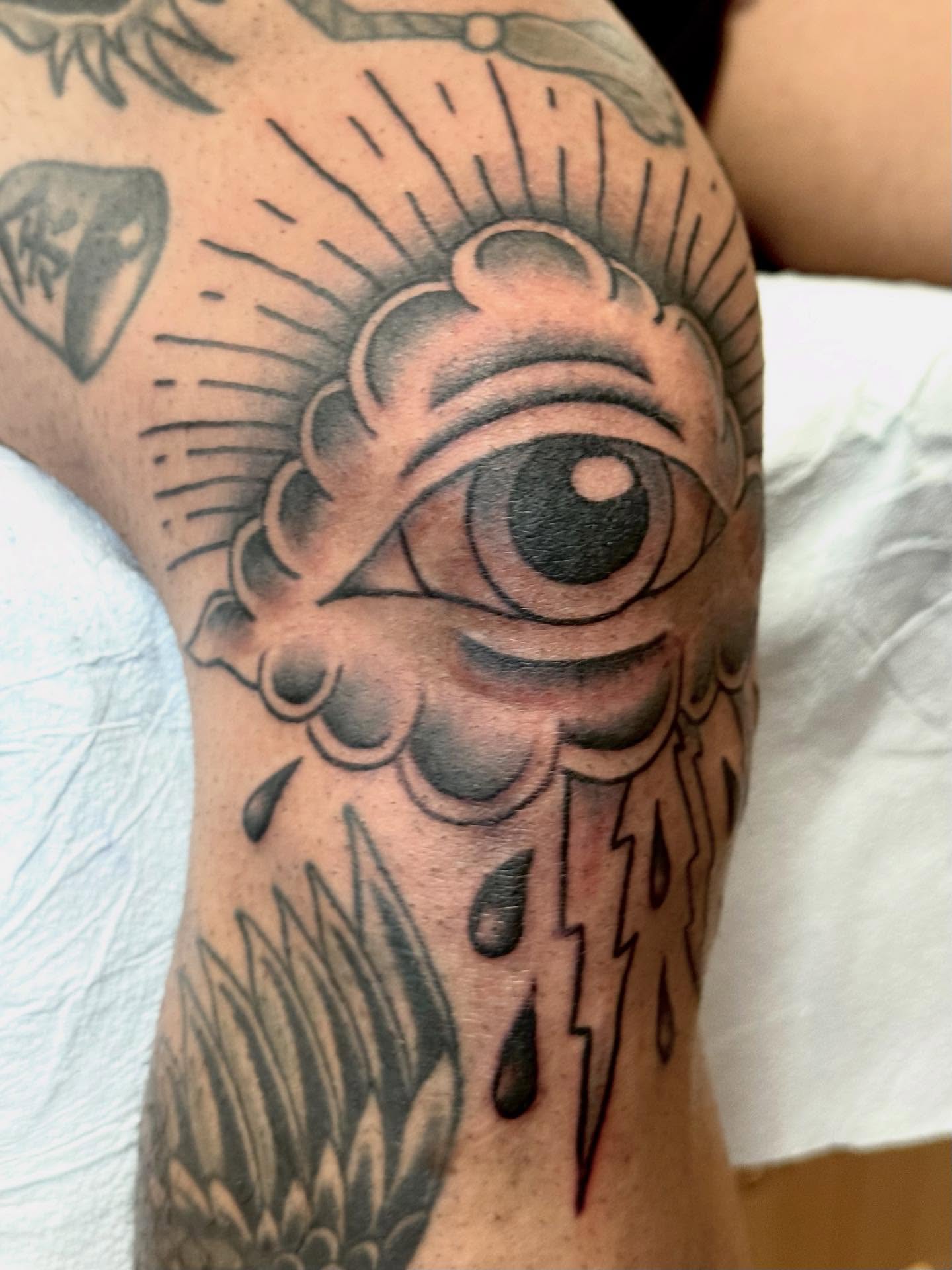 Eye with cloud American traditional tattoo on the forearm by Jesse Boss, Nashville, Tennessee