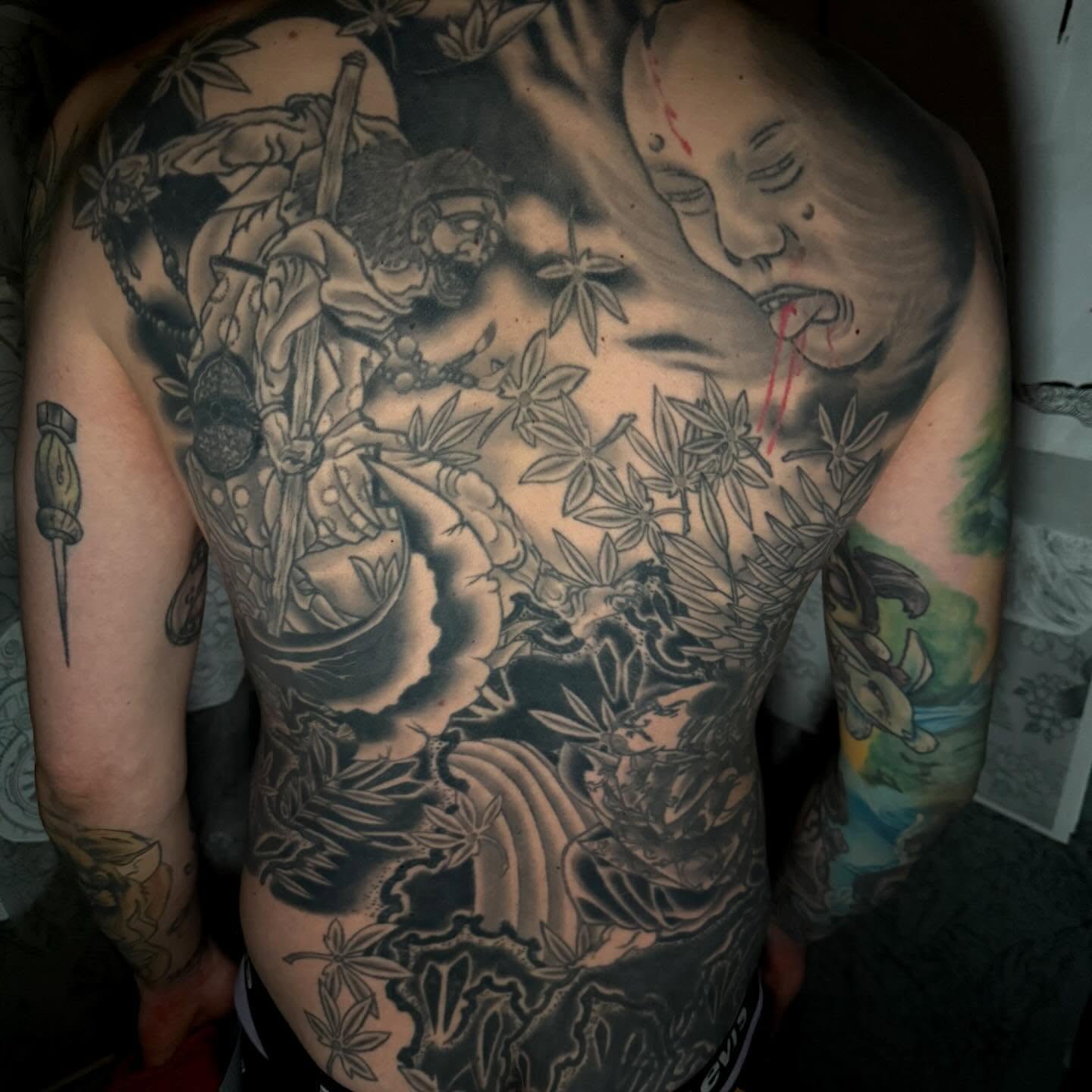 Woman and warrior japanese irezumi tattoo on the chest by Mike Diamond