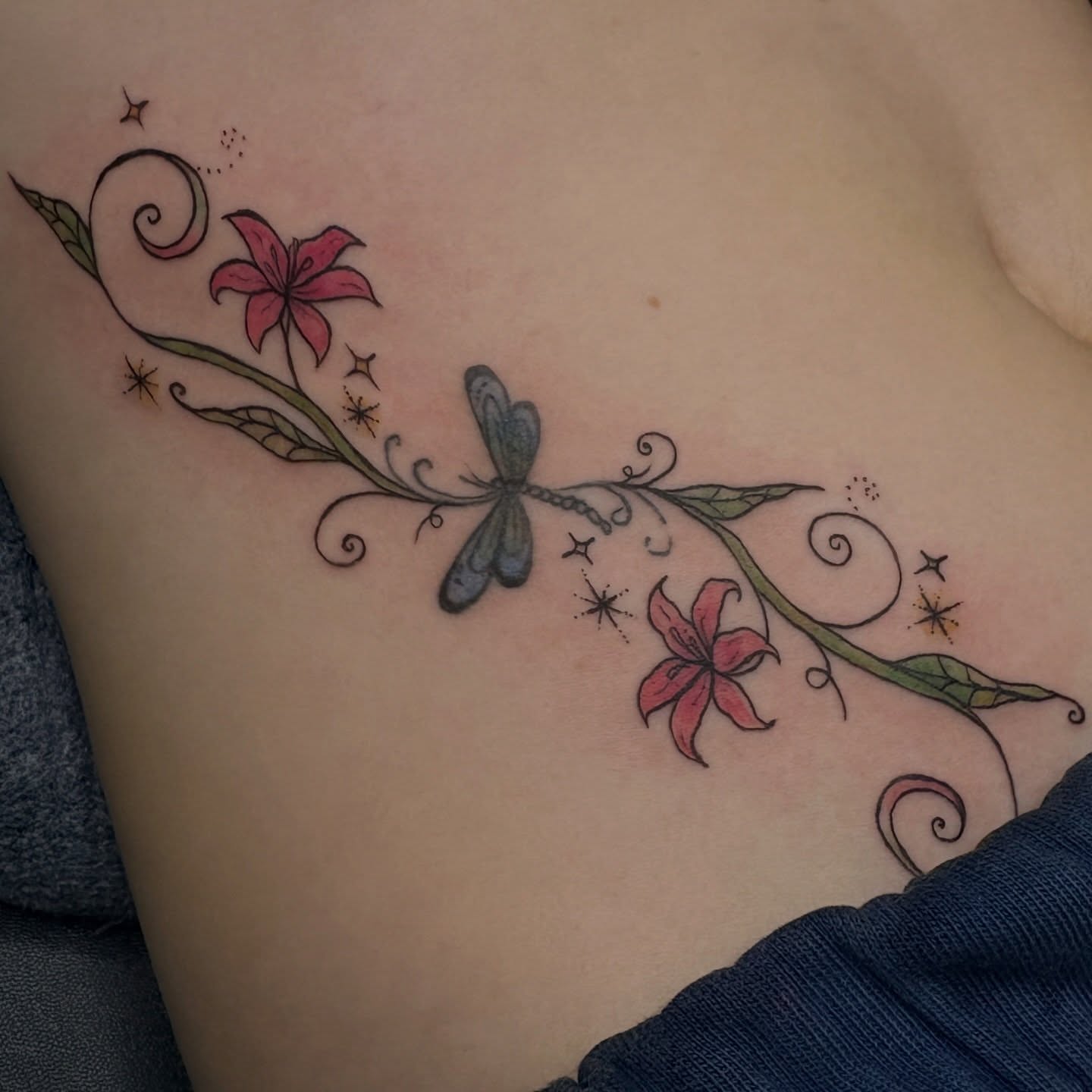 Lilies and dragonfly new school tattoo by Emma🌸✨Austin Tattoo Artist