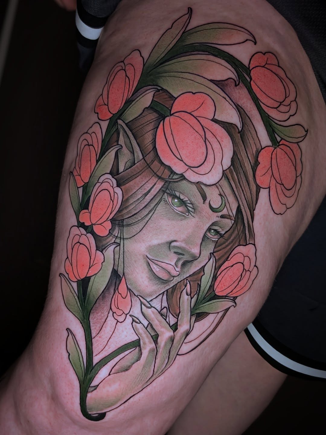Woman with flowers realism tattoo on the thigh by Will Alexander, Lombard, Illinois