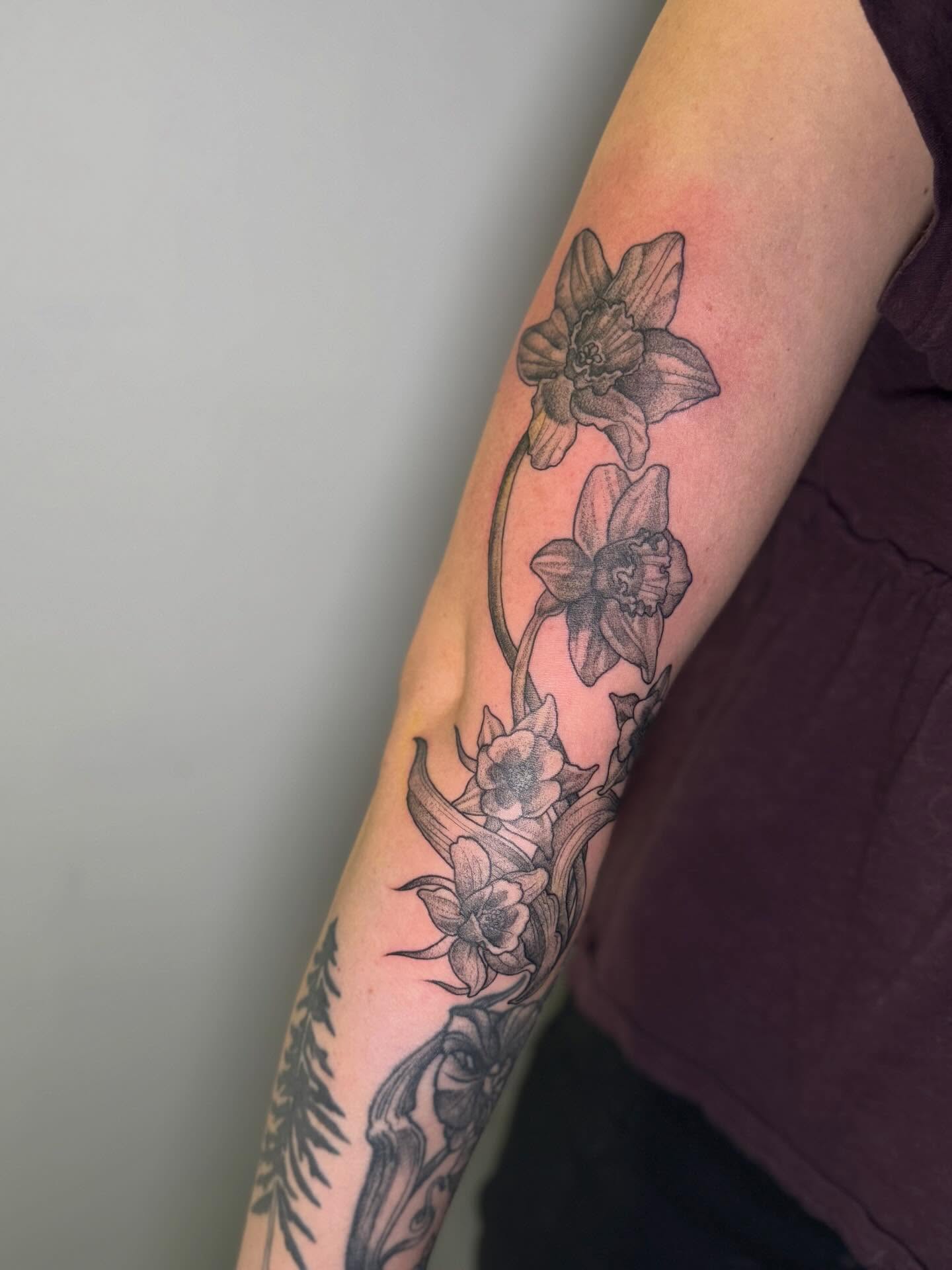 Daffodils black and grey tattoo on the forearm by Eileen Joyce