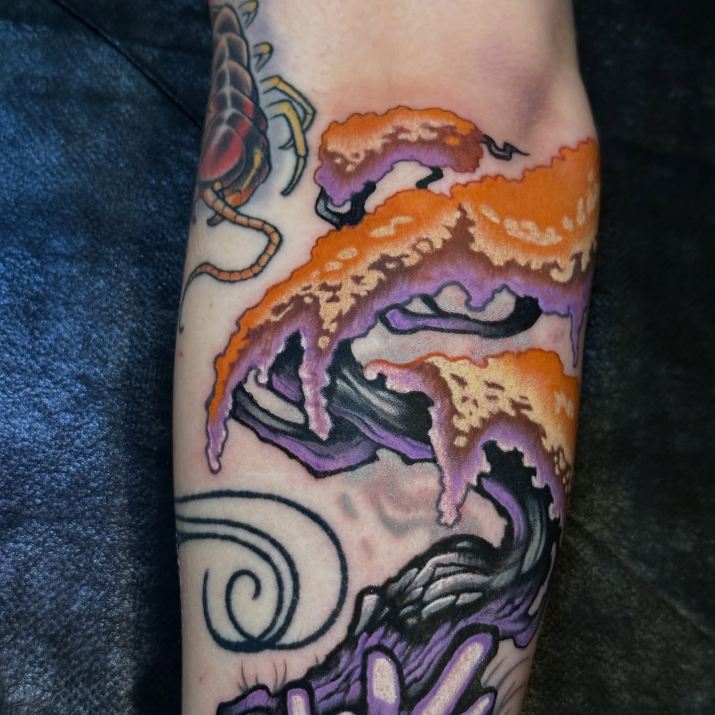 Dragon American traditional tattoo on the forearm by Skylar Mangrum