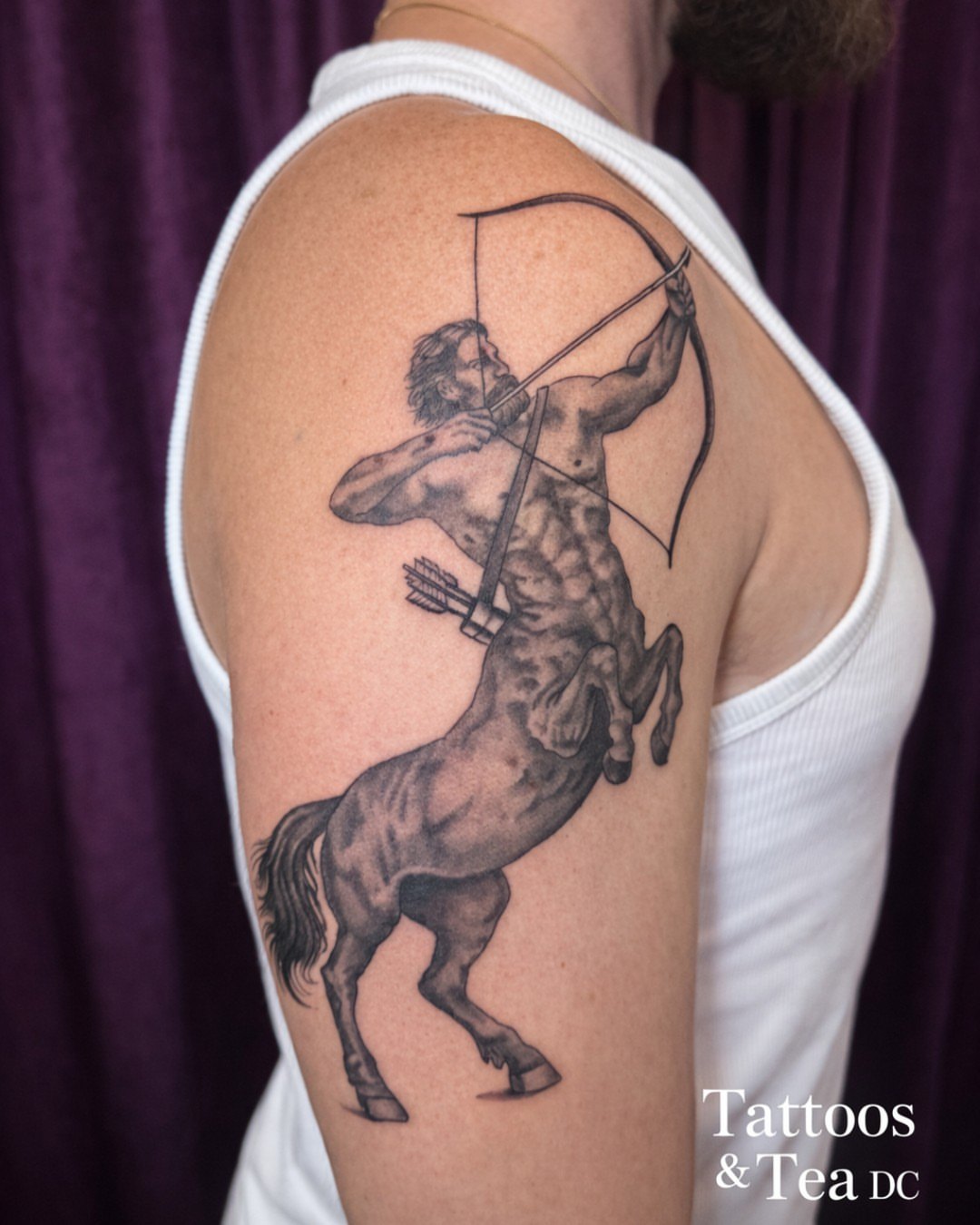 Centaur archer realism tattoo on the shoulder by Tattoos & Tea DC, Arlington, Virginia