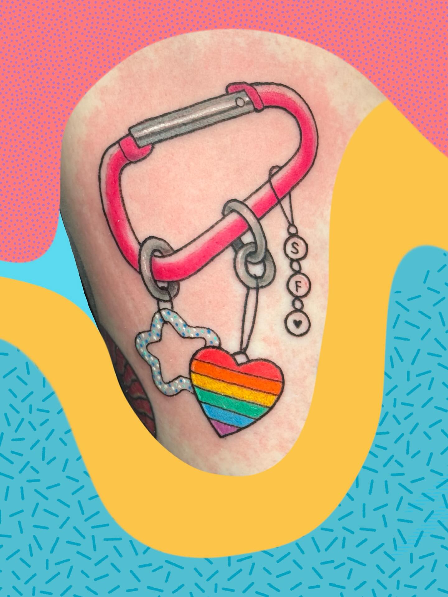 Carabiner and charms new school tattoo on the forearm by π. ππππ, San Francisco, California