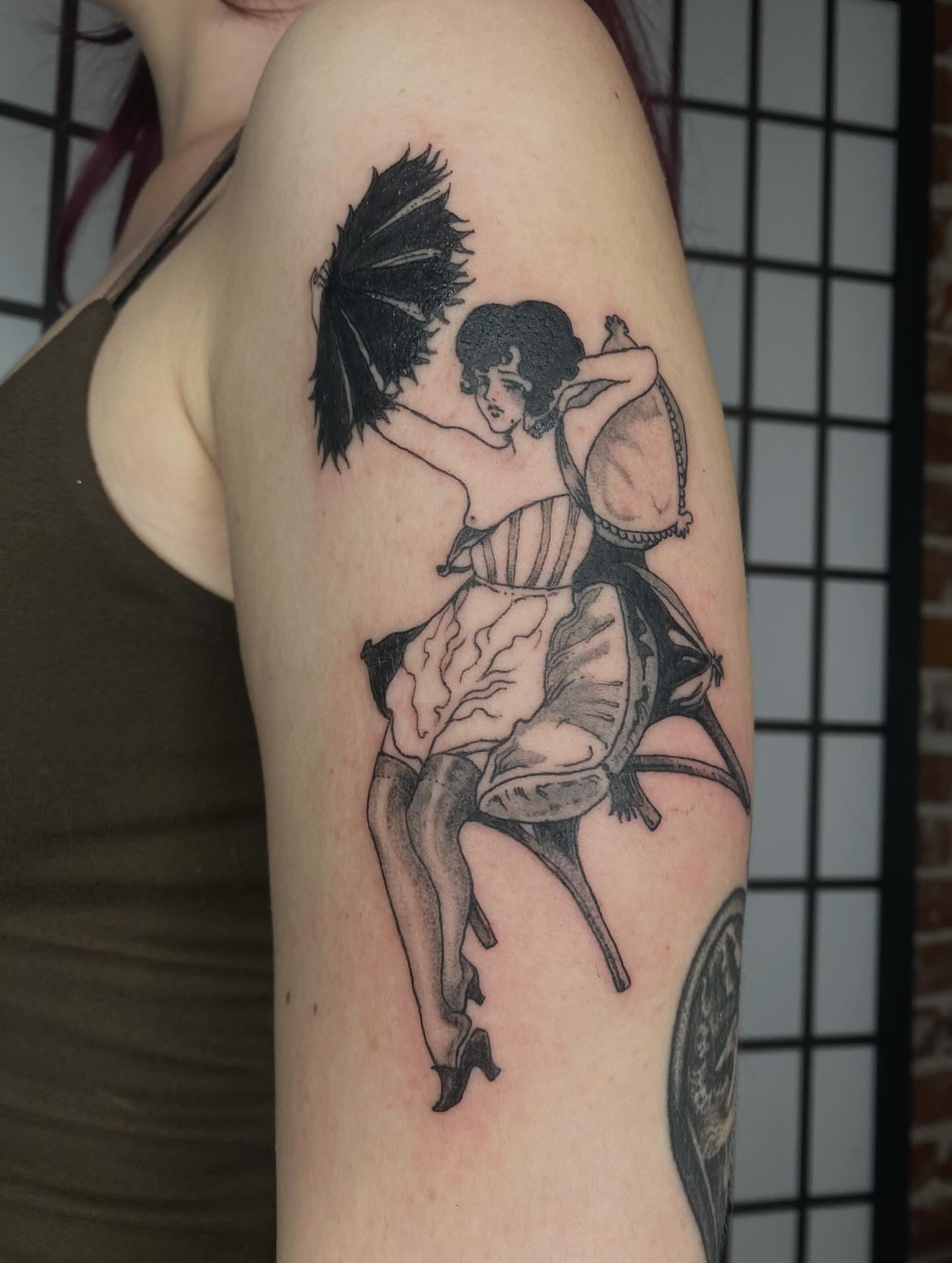 Dancer with parasol black and grey tattoo on the forearm by sarah 🗝️
