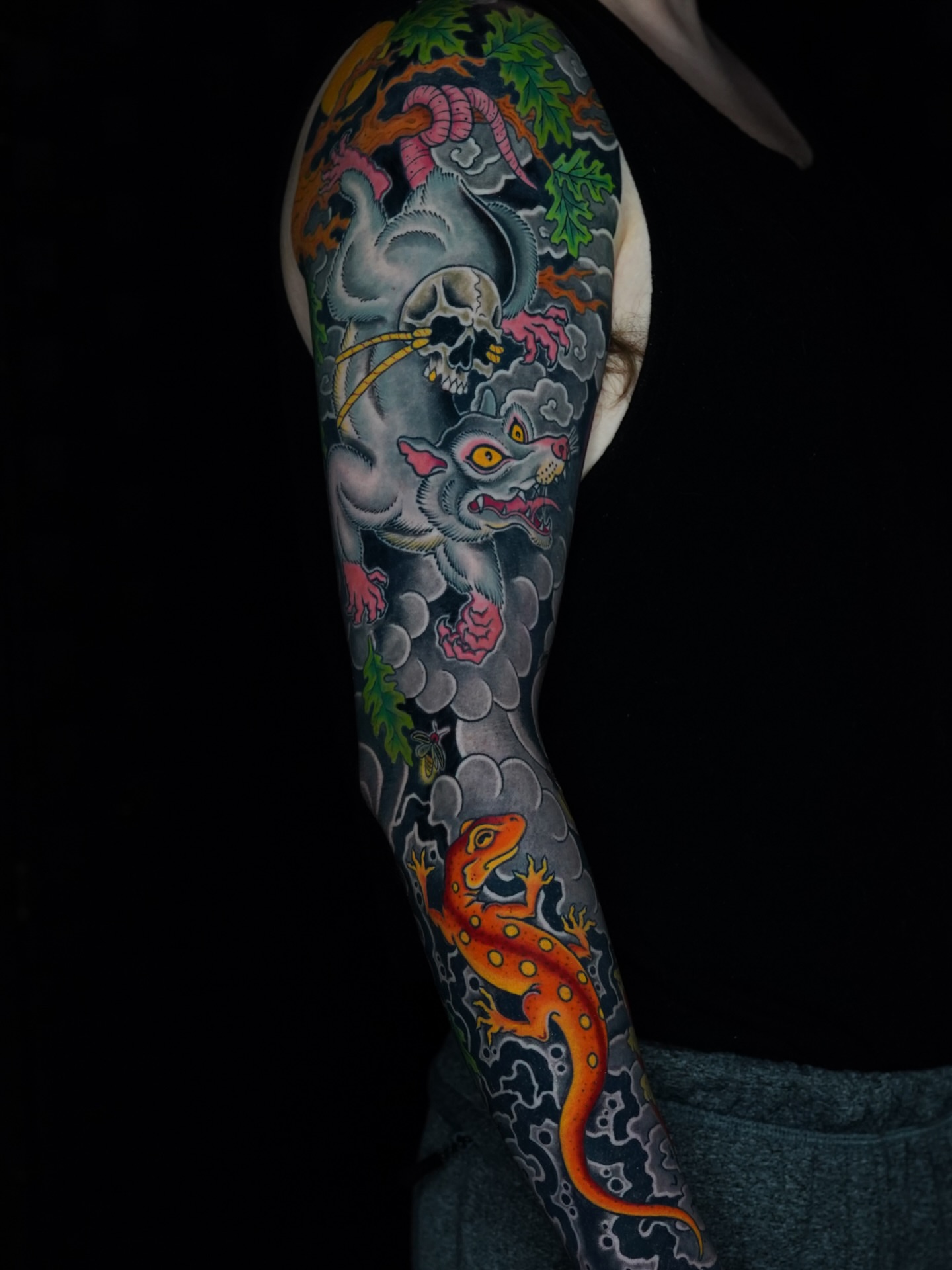 Mythical creature and gecko japanese irezumi tattoo on the forearm by Mitch Bonifay