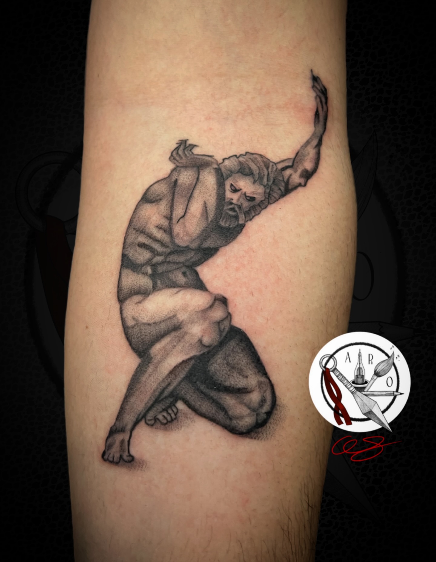 Man wrestling realism tattoo on the forearm by Aaron Strobehn